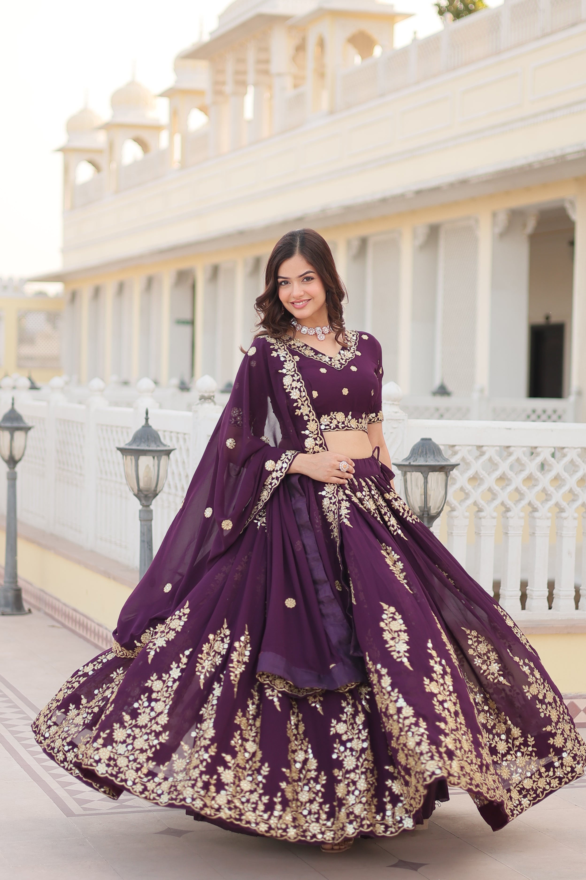 Premium Faux Georgette Embroidered Lehenga Set with Can-Can | Heavy Sequin Work | Stitched Lehenga + Unstitched Blouse + Dupatta