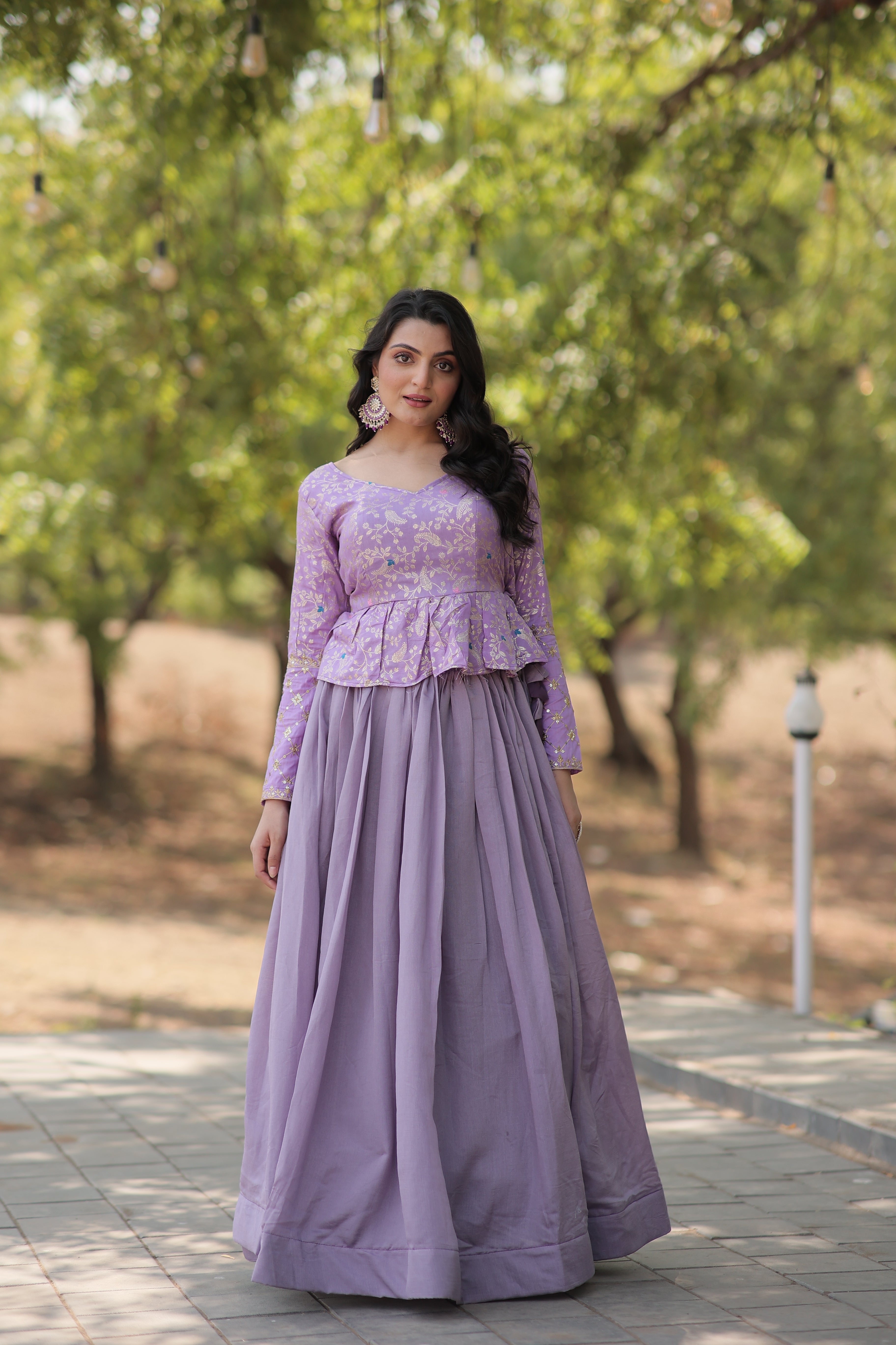 Designer Shimmer Vichitra Lehenga Set with Full-Stitched Peplum Blouse | Heavy Flair with Can-Can | Elegant Sequin Embroidery
