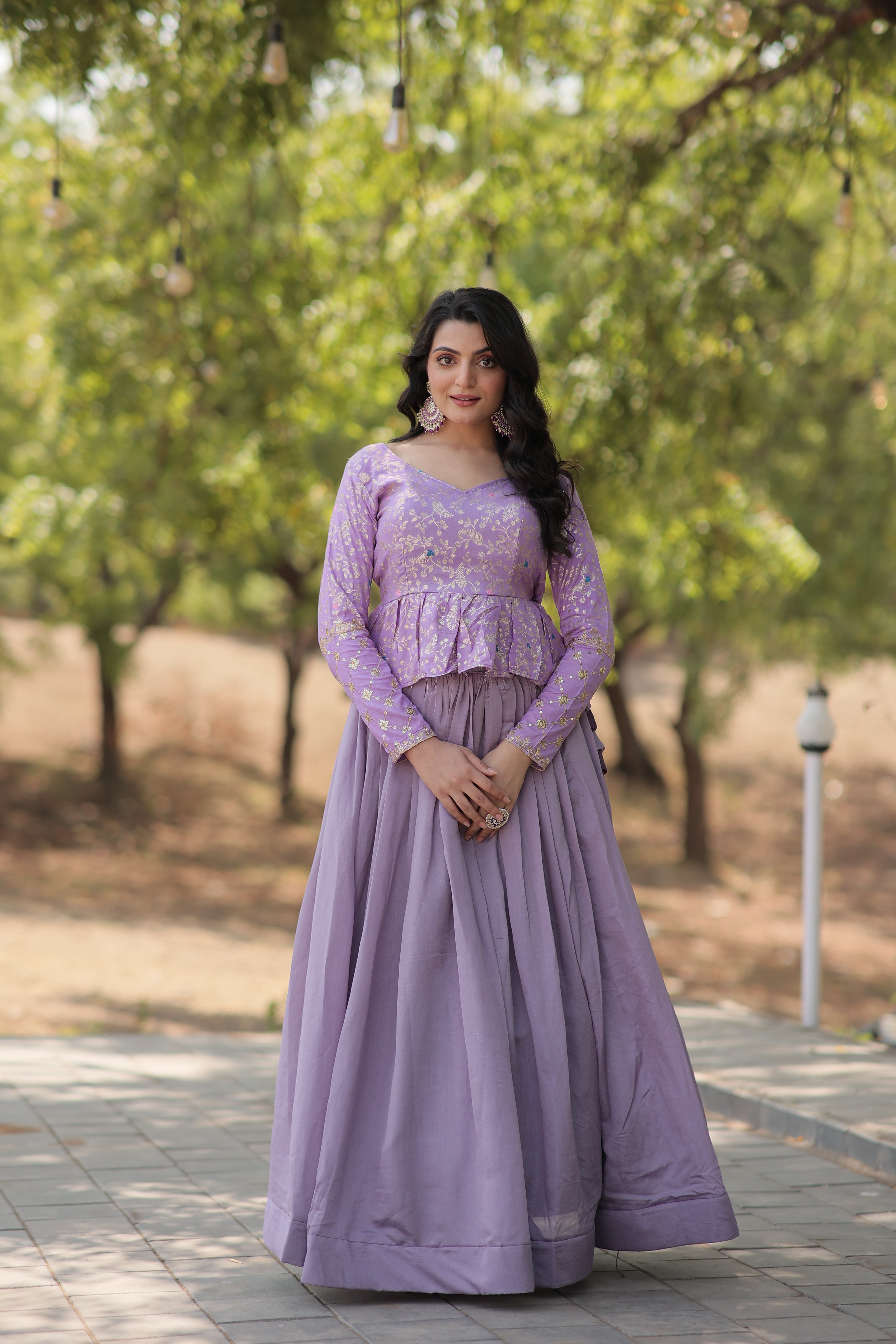 Designer Shimmer Vichitra Lehenga Set with Full-Stitched Peplum Blouse | Heavy Flair with Can-Can | Elegant Sequin Embroidery