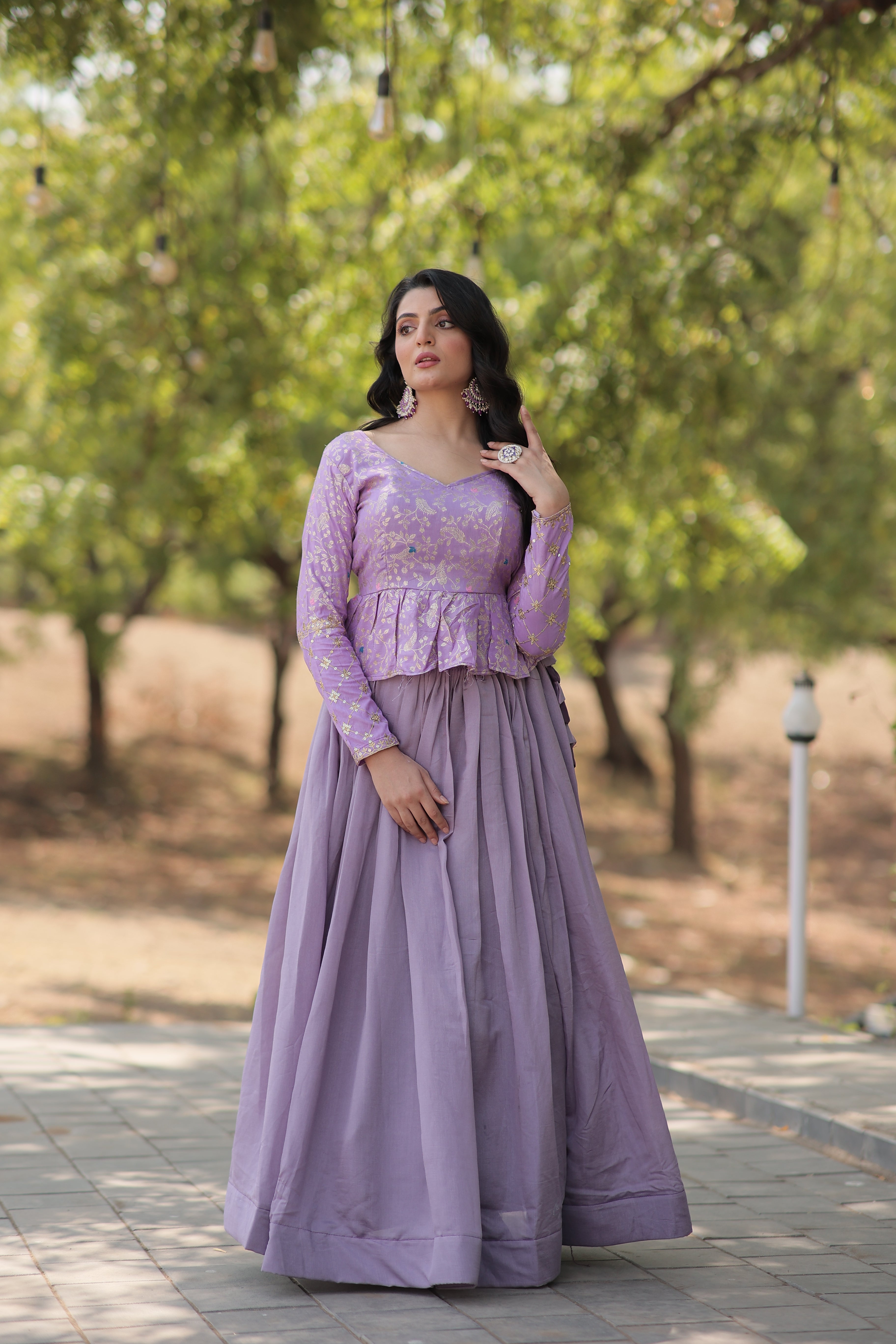 Designer Shimmer Vichitra Lehenga Set with Full-Stitched Peplum Blouse | Heavy Flair with Can-Can | Elegant Sequin Embroidery