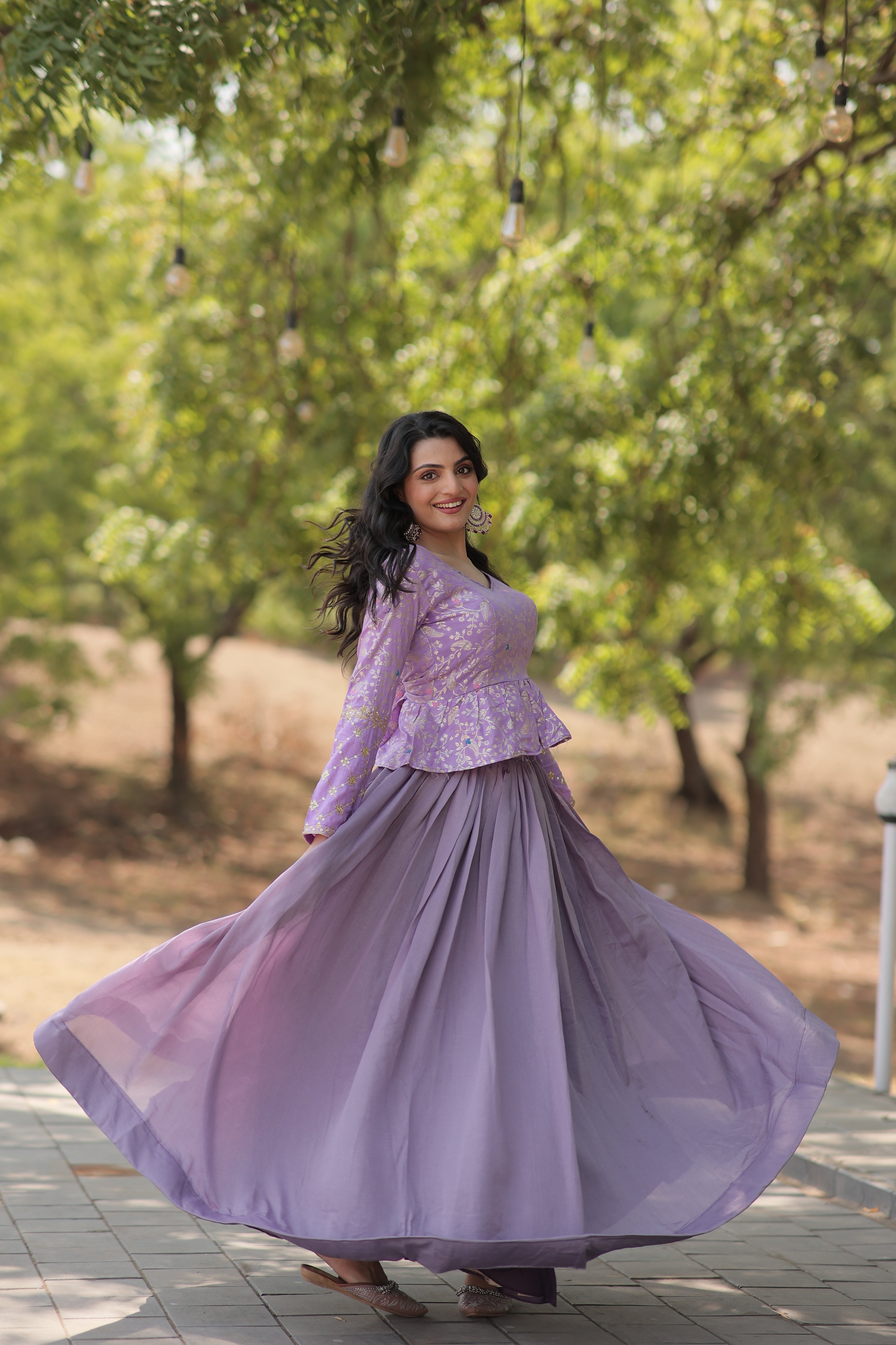 Designer Shimmer Vichitra Lehenga Set with Full-Stitched Peplum Blouse | Heavy Flair with Can-Can | Elegant Sequin Embroidery
