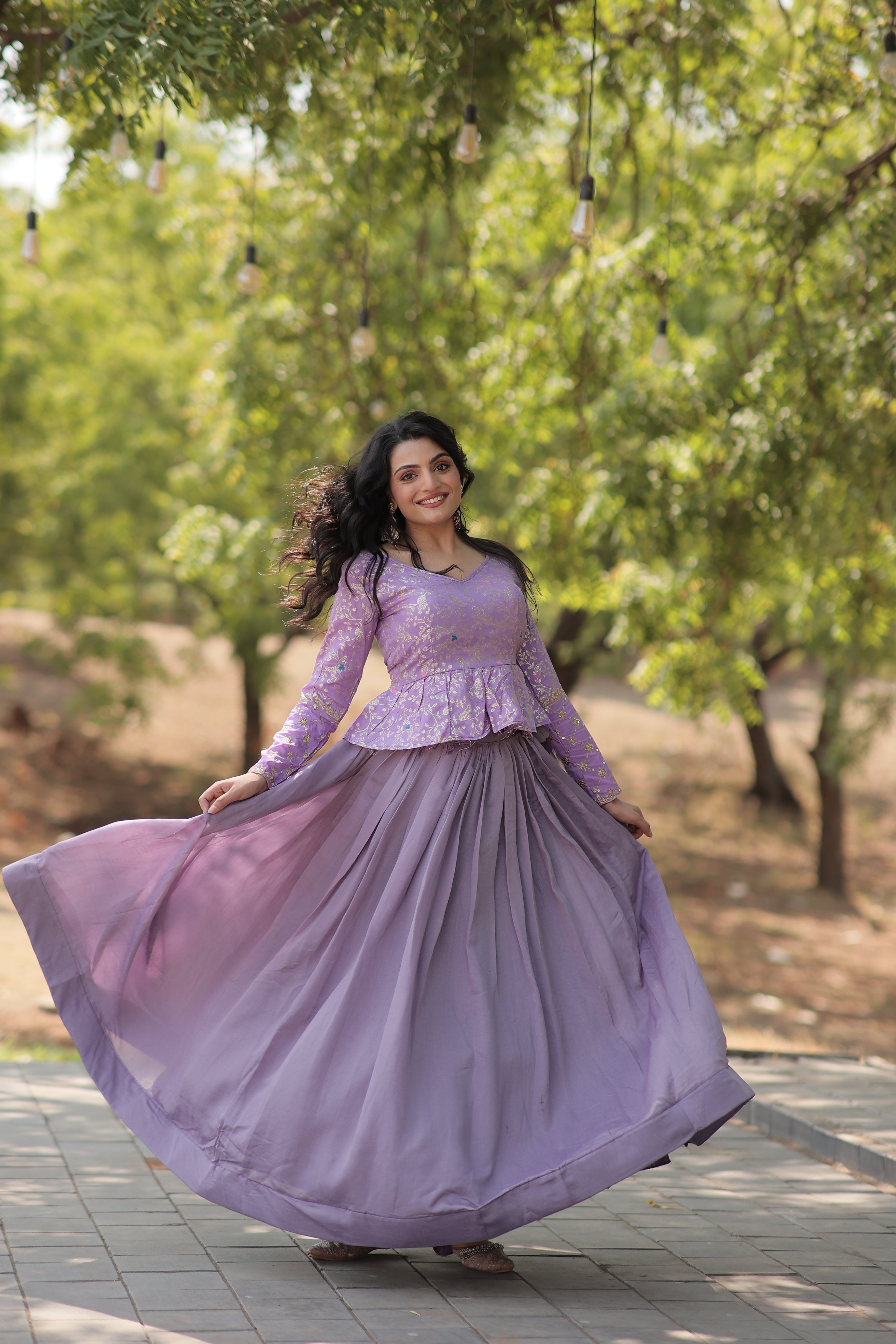 Designer Shimmer Vichitra Lehenga Set with Full-Stitched Peplum Blouse | Heavy Flair with Can-Can | Elegant Sequin Embroidery