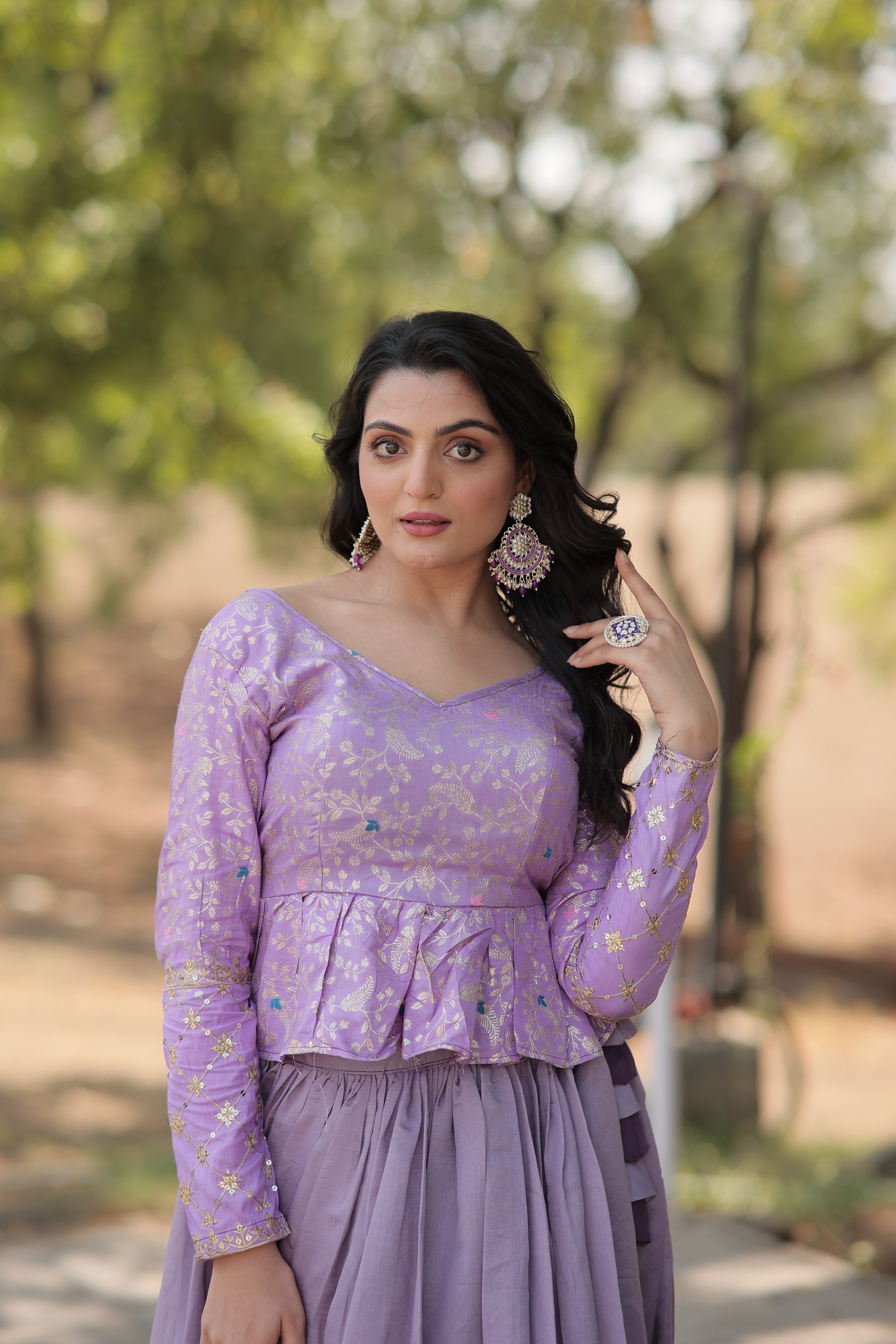 Designer Shimmer Vichitra Lehenga Set with Full-Stitched Peplum Blouse | Heavy Flair with Can-Can | Elegant Sequin Embroidery