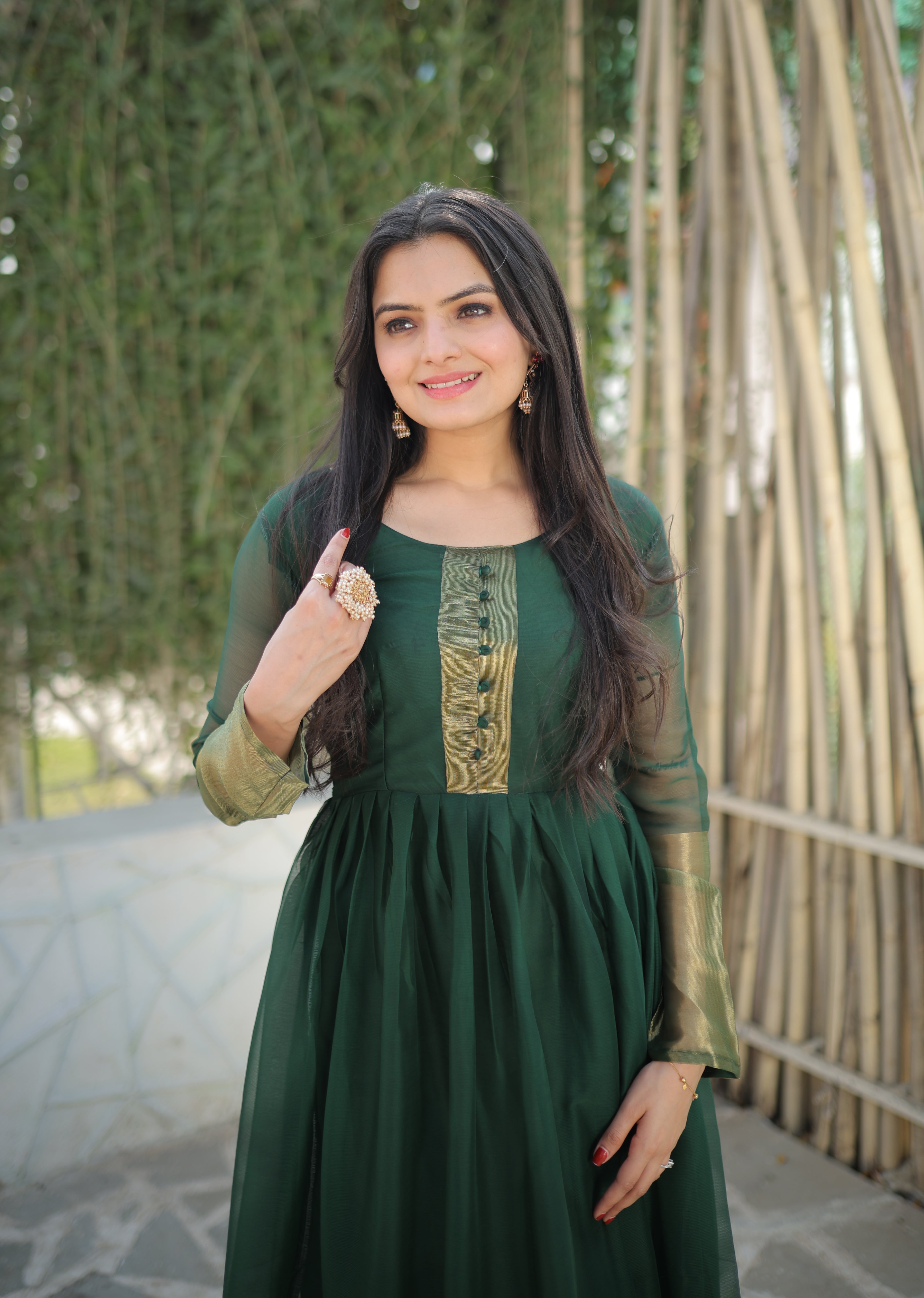 Elegant Chiffon Green Gown with Golden Zari Patta – Full Sleeves | 4 Colors | Sizes S to XXL