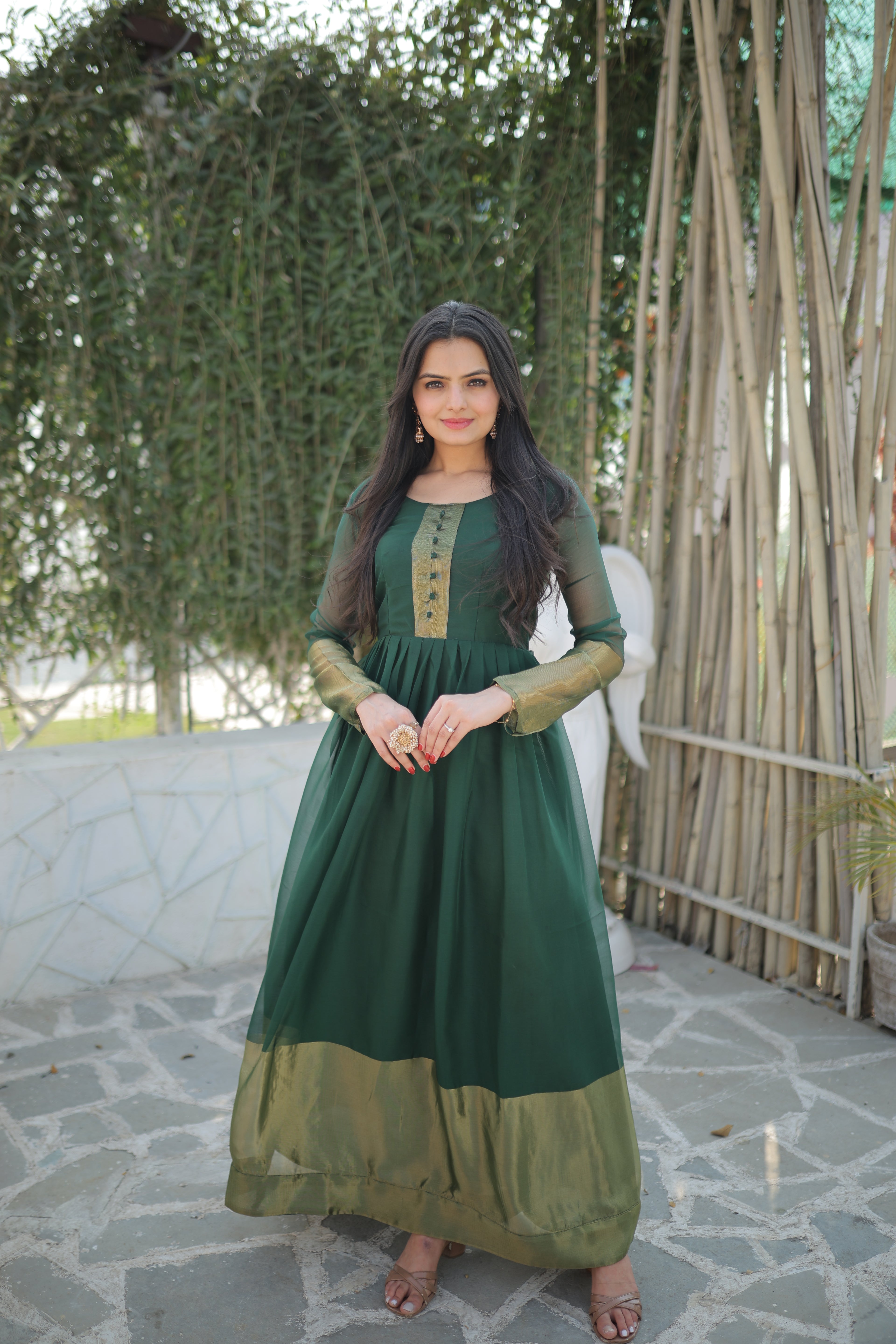 Elegant Chiffon Green Gown with Golden Zari Patta – Full Sleeves | 4 Colors | Sizes S to XXL