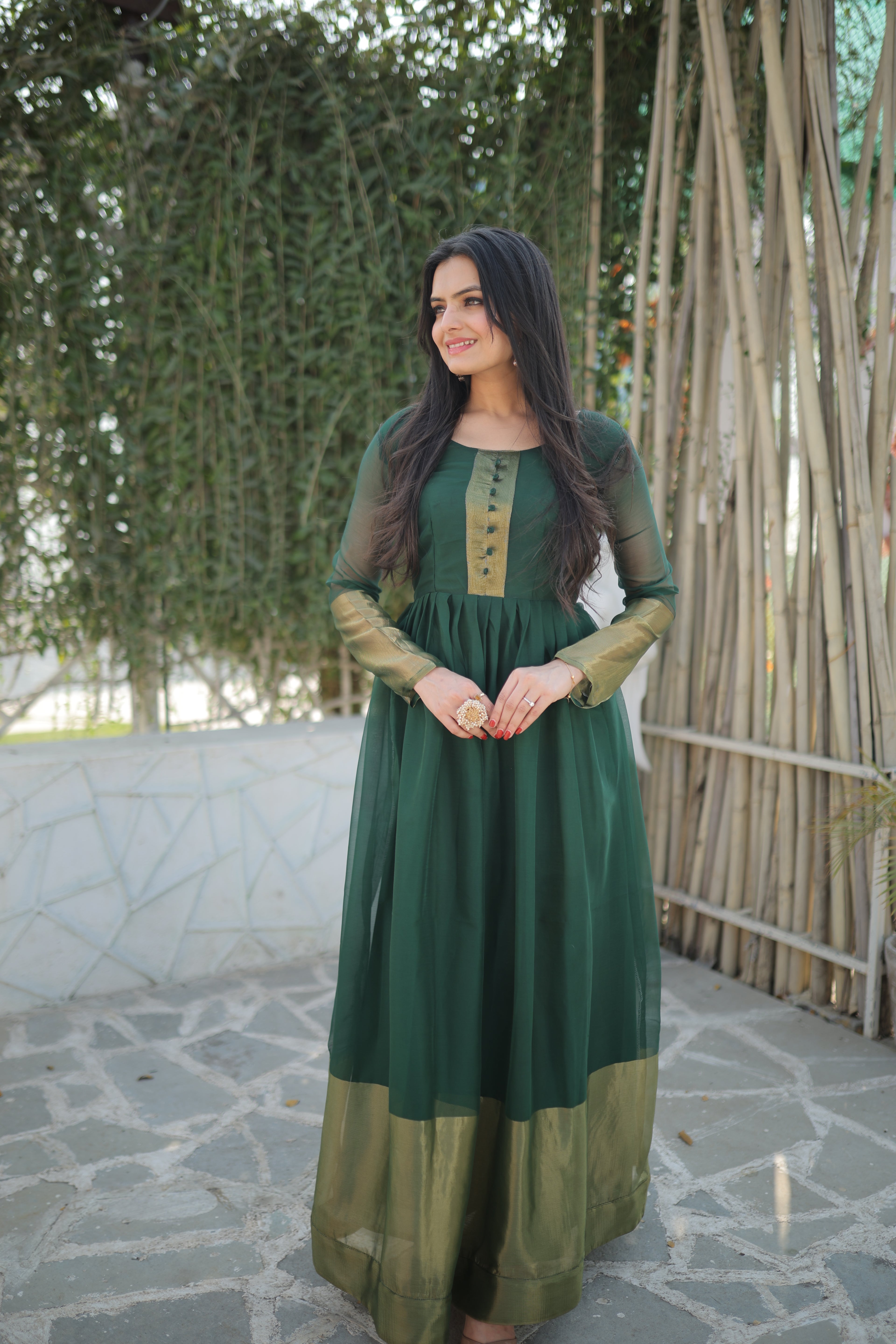 Elegant Chiffon Green Gown with Golden Zari Patta – Full Sleeves | 4 Colors | Sizes S to XXL
