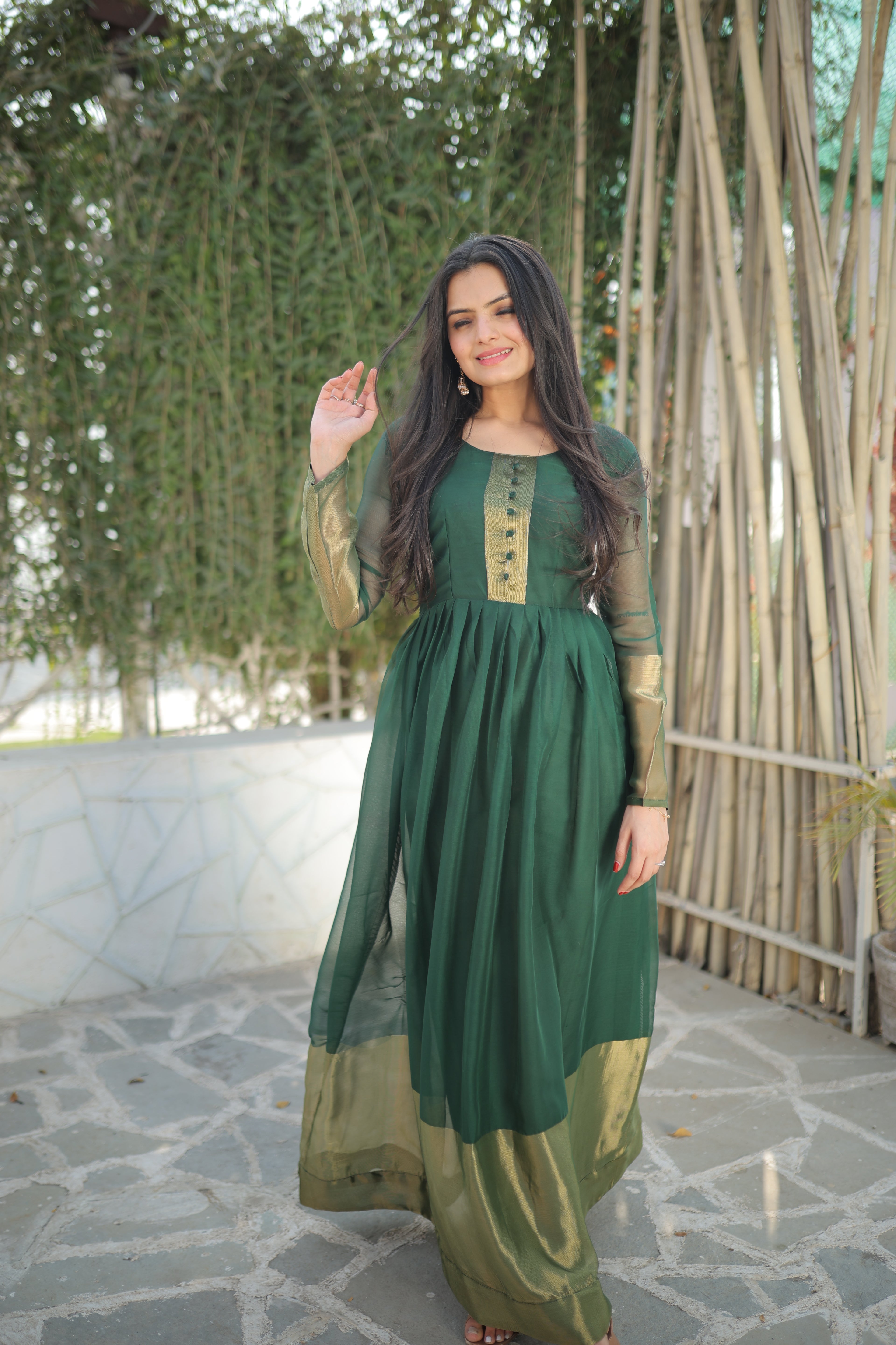 Elegant Chiffon Green Gown with Golden Zari Patta – Full Sleeves | 4 Colors | Sizes S to XXL