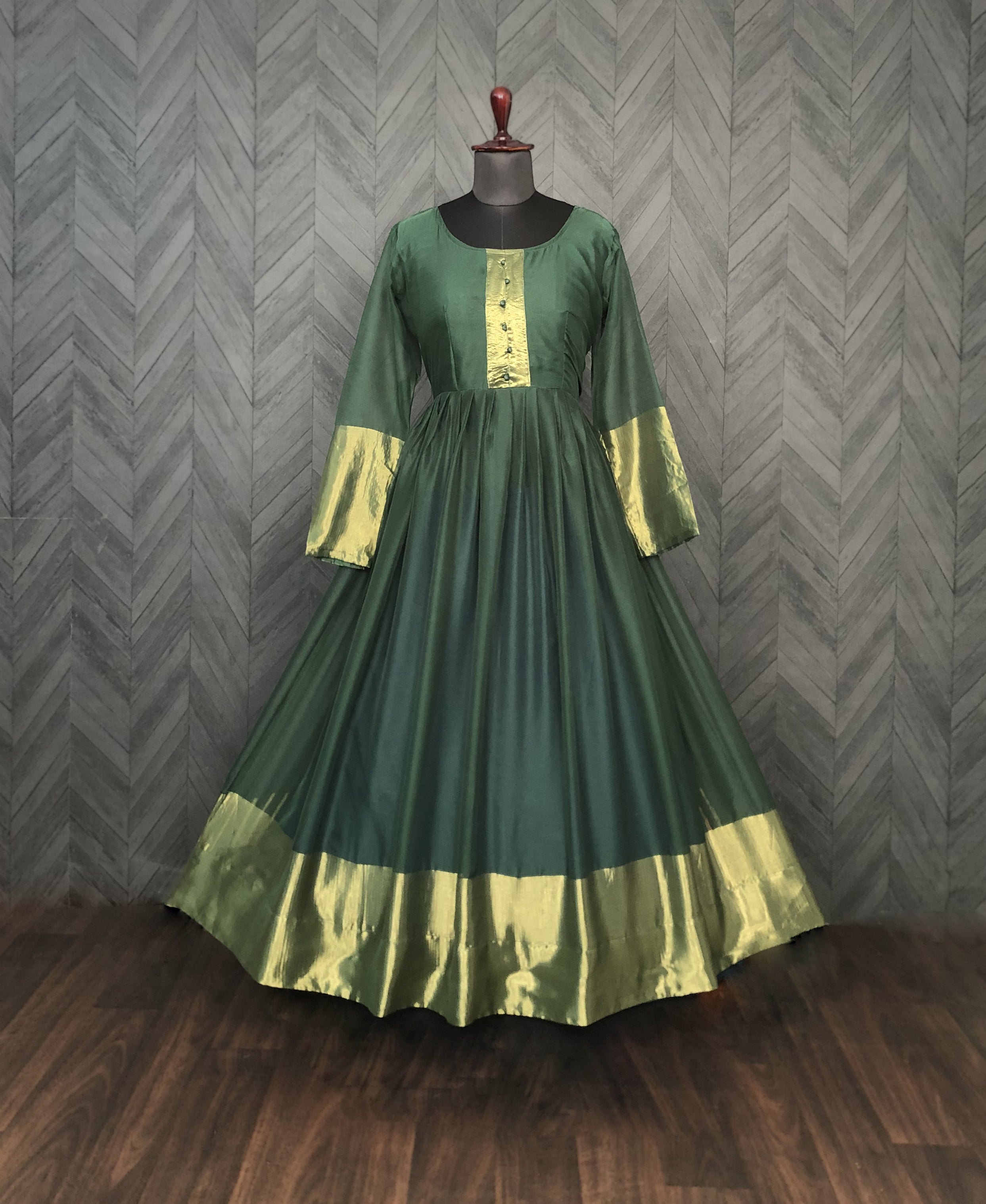 Elegant Chiffon Green Gown with Golden Zari Patta – Full Sleeves | 4 Colors | Sizes S to XXL