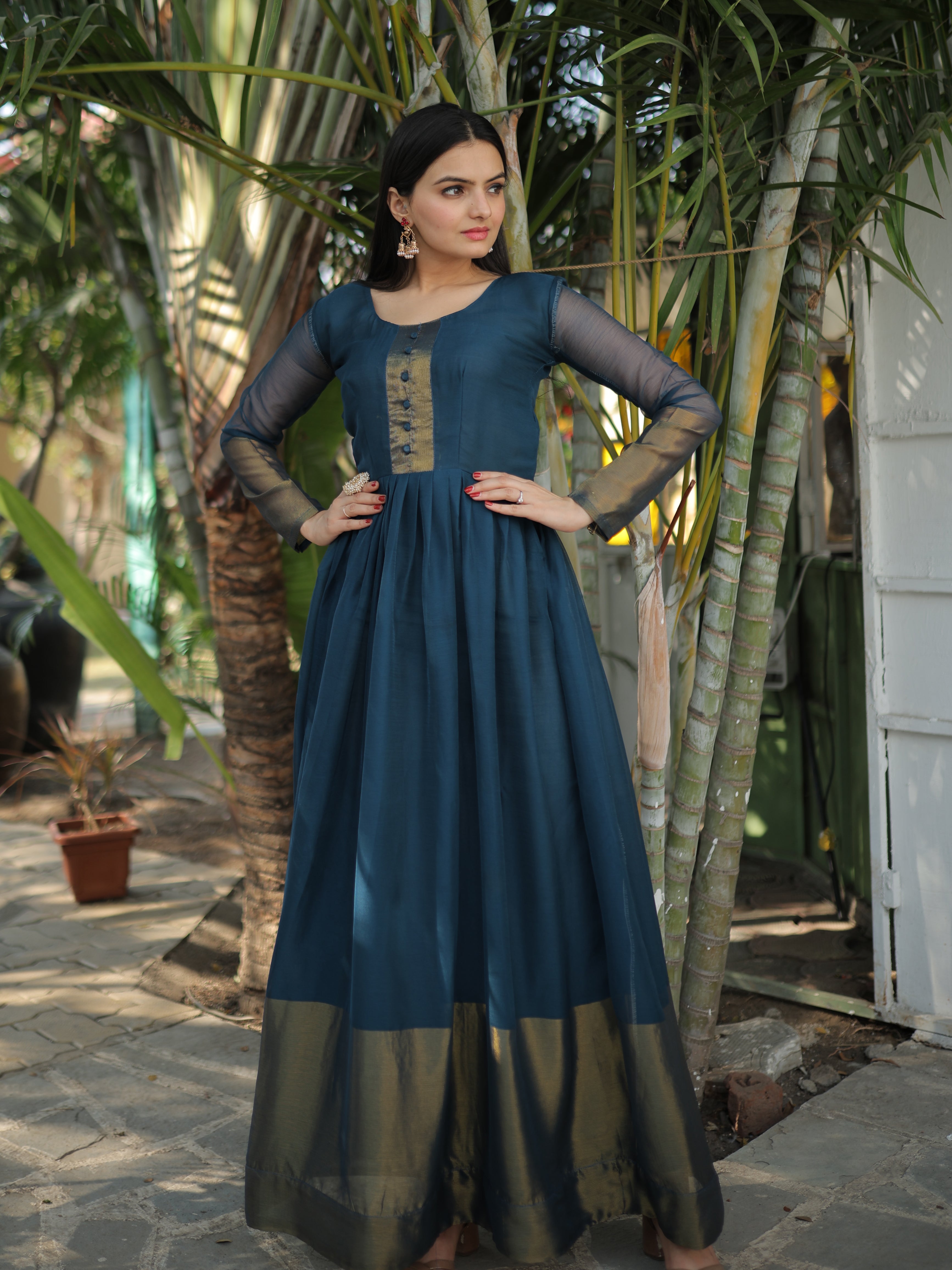 Elegant Chiffon Rama Gown with Golden Zari Patta – Full Sleeves | 4 Colors | Sizes S to XXL