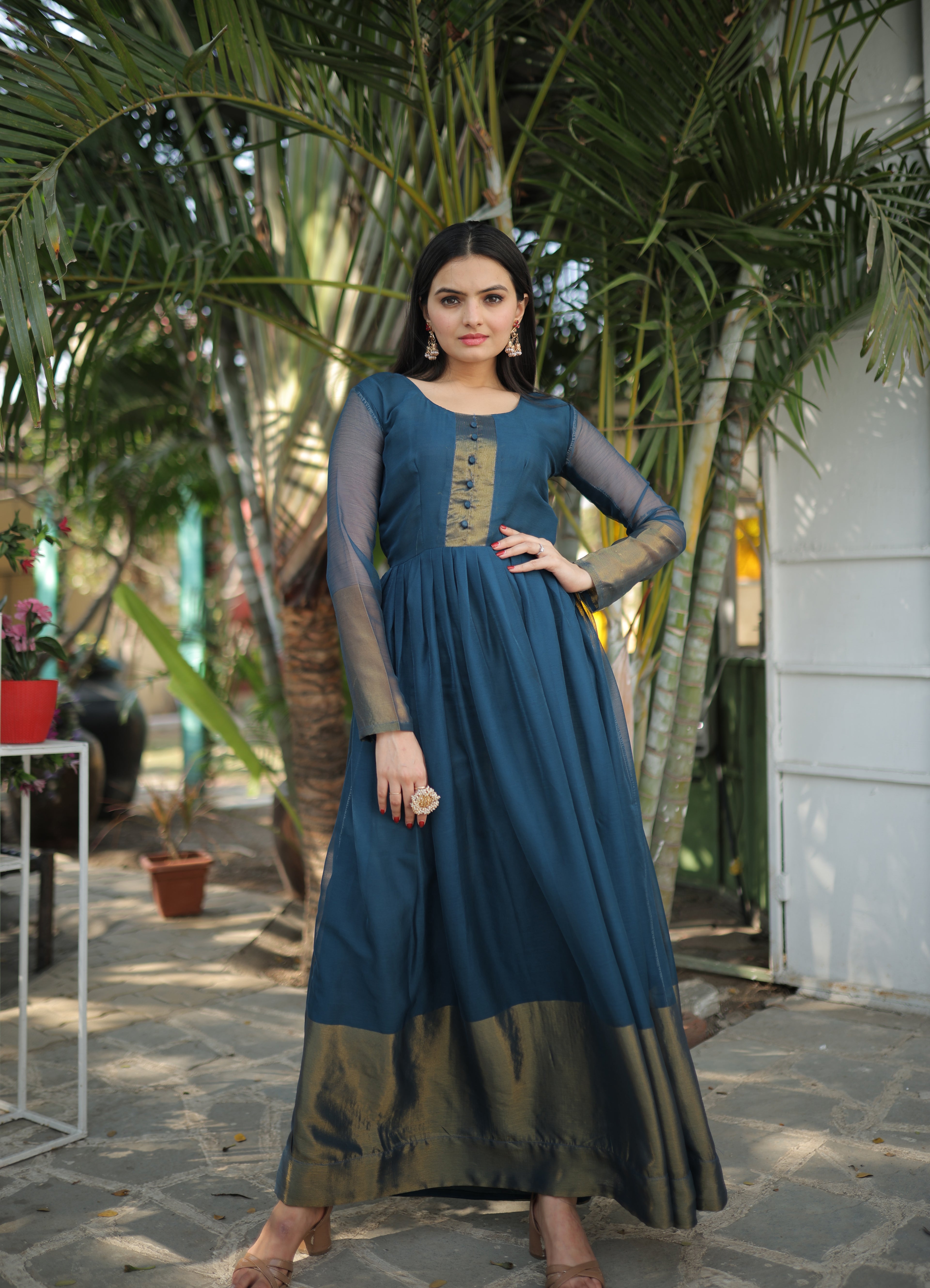 Elegant Chiffon Rama Gown with Golden Zari Patta – Full Sleeves | 4 Colors | Sizes S to XXL