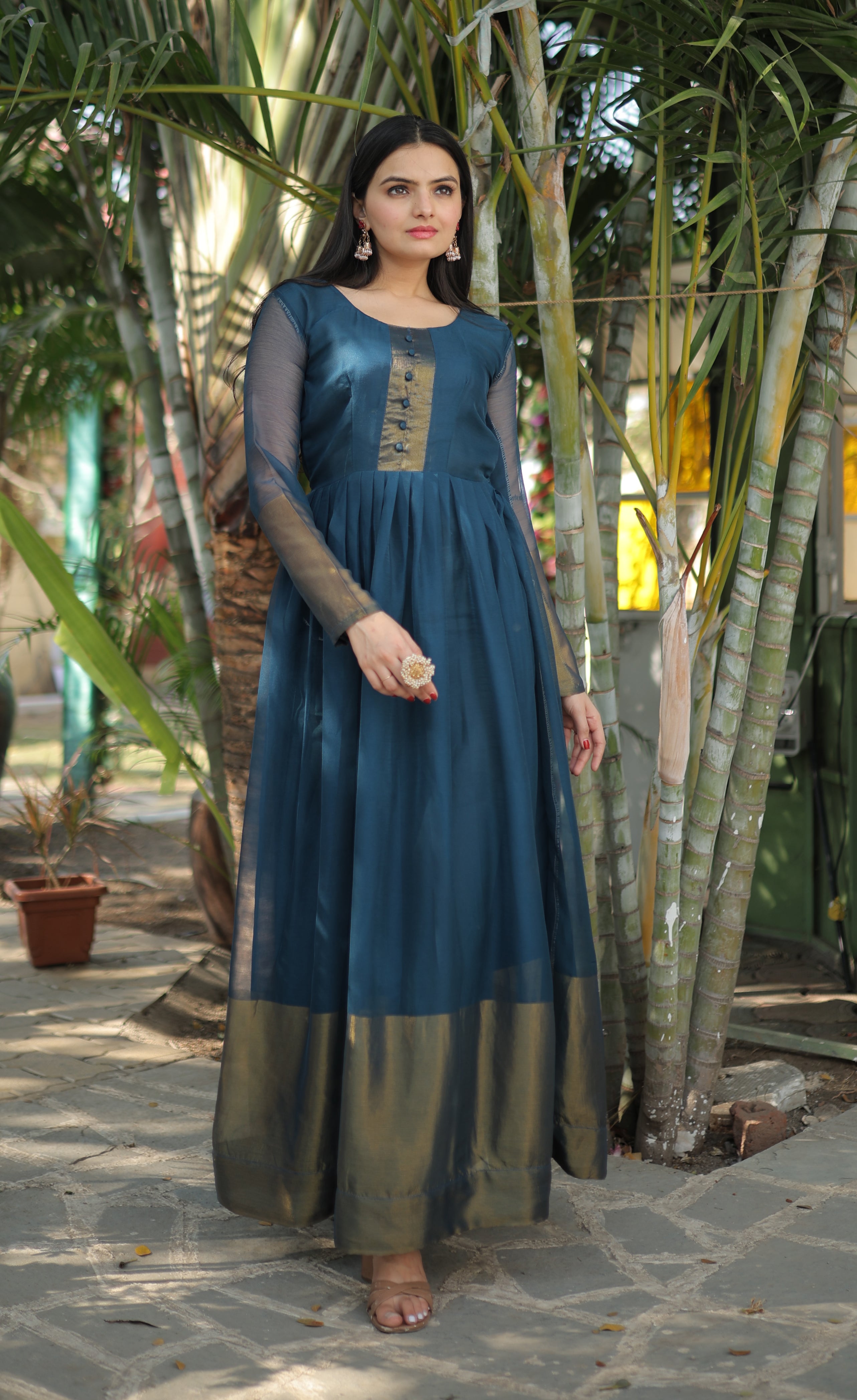 Elegant Chiffon Rama Gown with Golden Zari Patta – Full Sleeves | 4 Colors | Sizes S to XXL