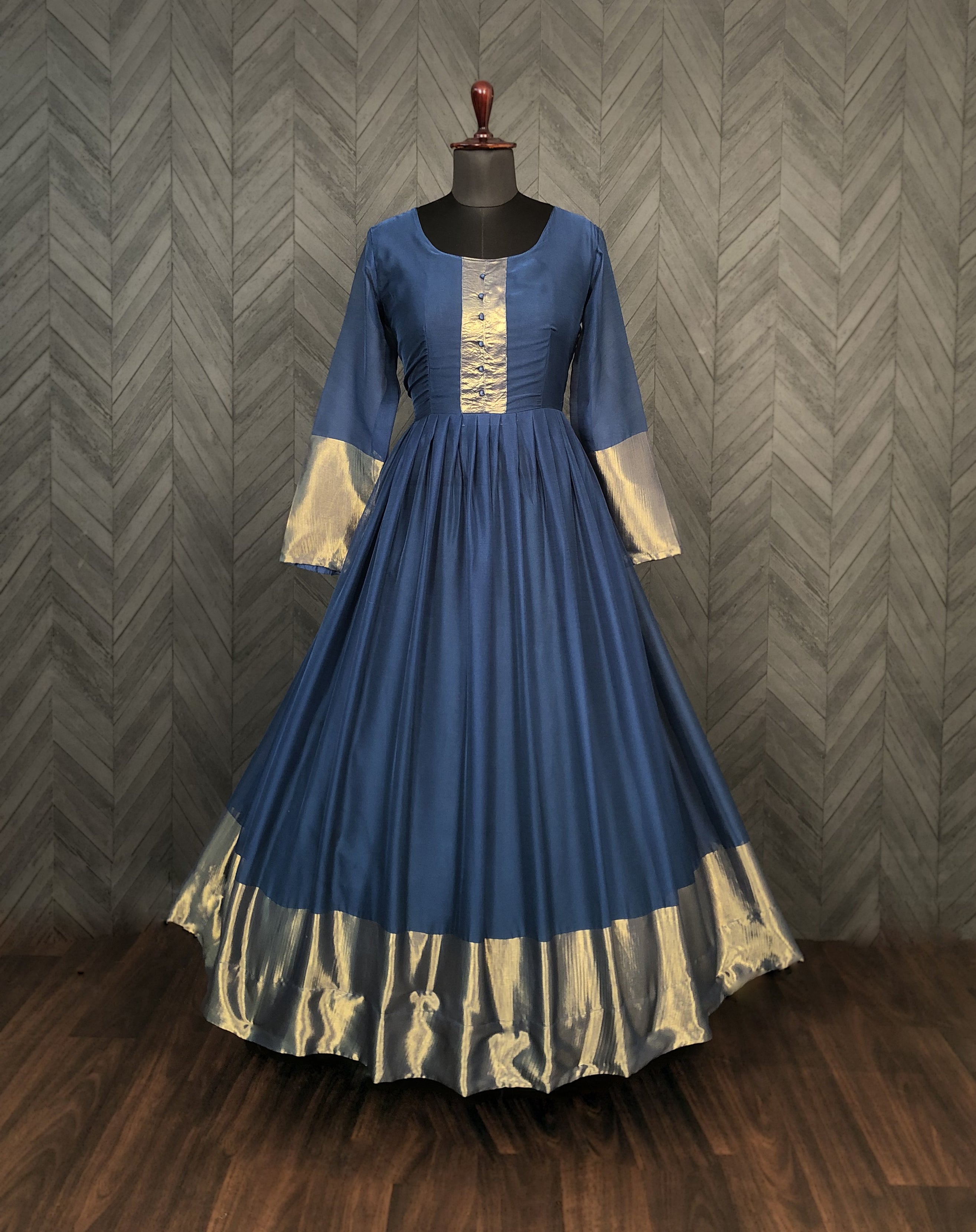 Elegant Chiffon Rama Gown with Golden Zari Patta – Full Sleeves | 4 Colors | Sizes S to XXL