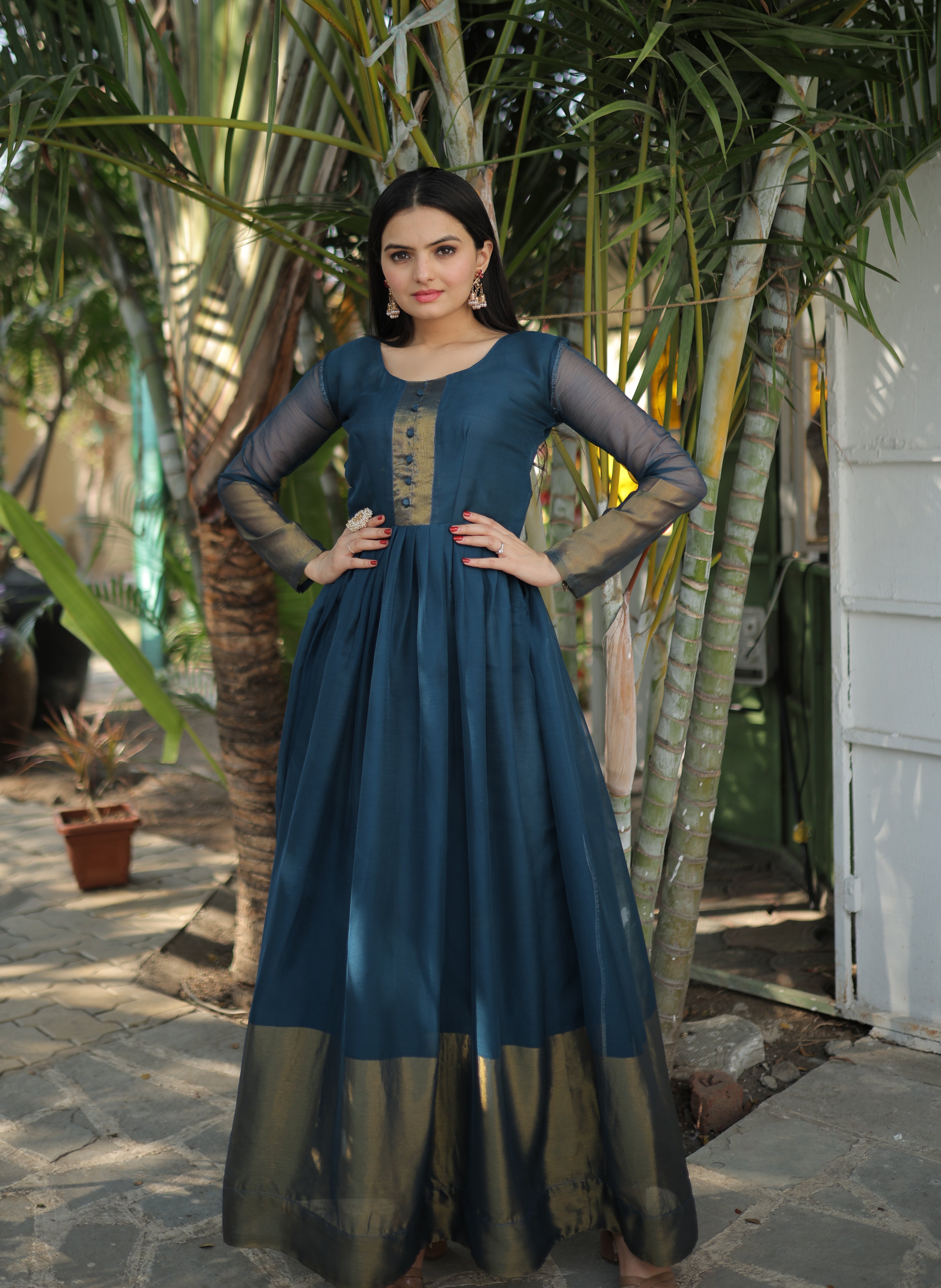 Elegant Chiffon Rama Gown with Golden Zari Patta – Full Sleeves | 4 Colors | Sizes S to XXL