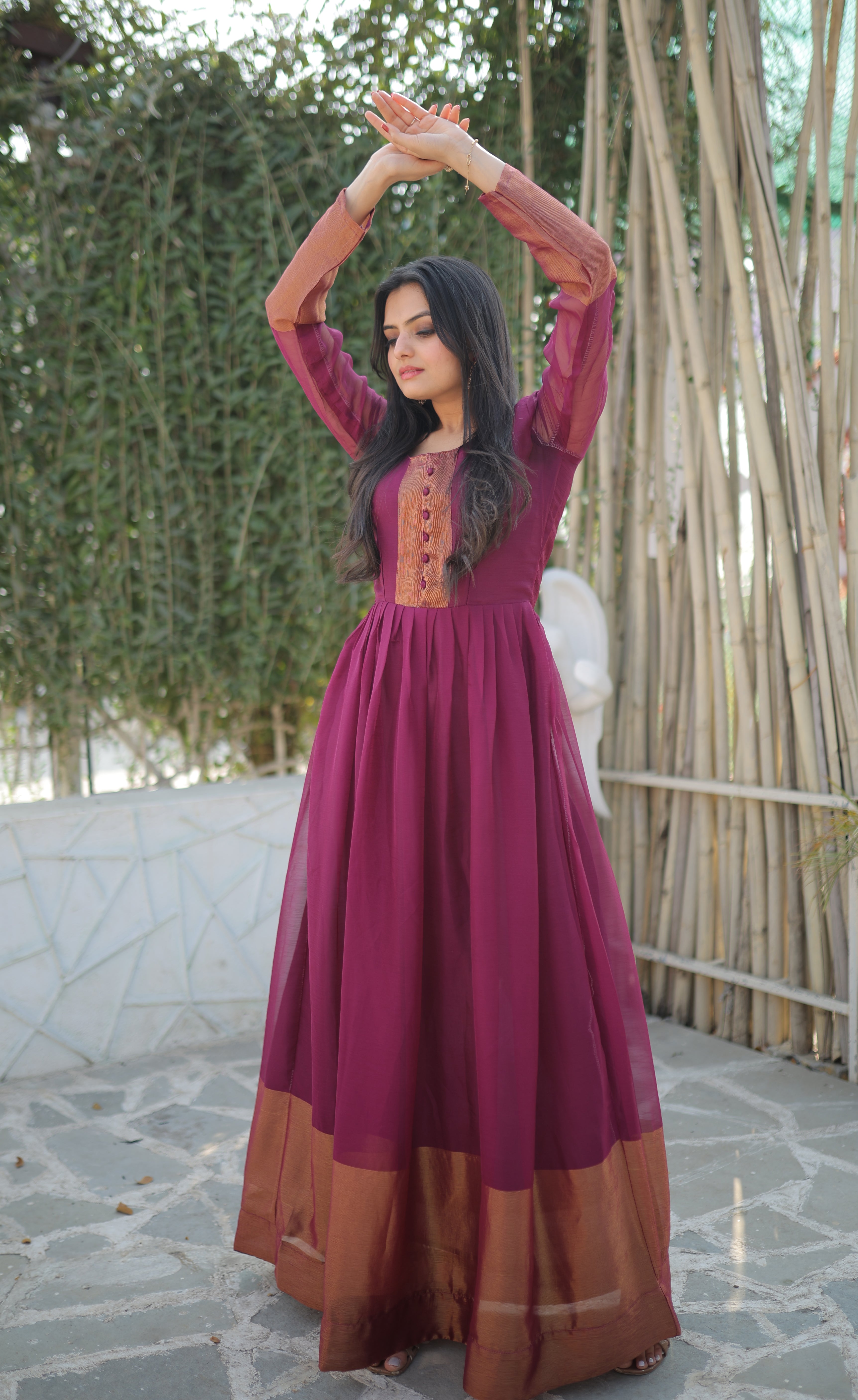 Elegant Chiffon Wine Gown with Golden Zari Patta – Full Sleeves | 4 Colors | Sizes S to XXL