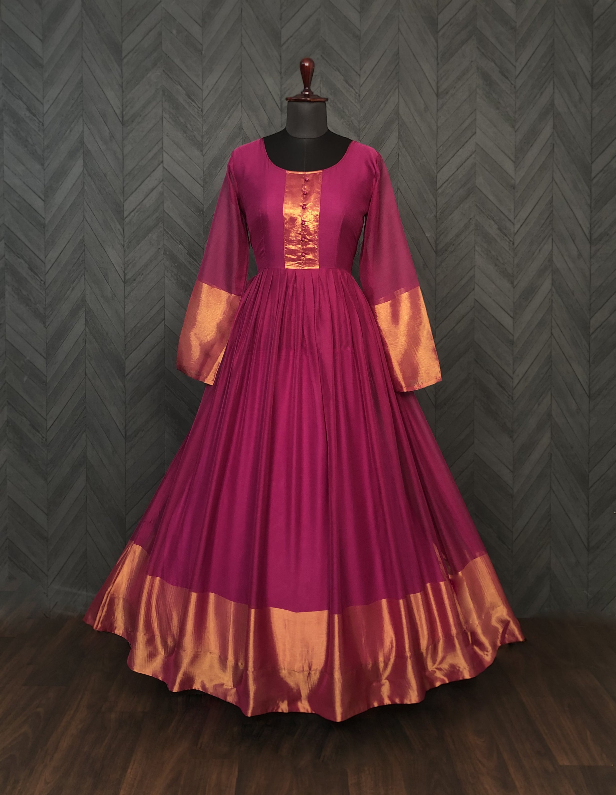 Elegant Chiffon Wine Gown with Golden Zari Patta – Full Sleeves | 4 Colors | Sizes S to XXL
