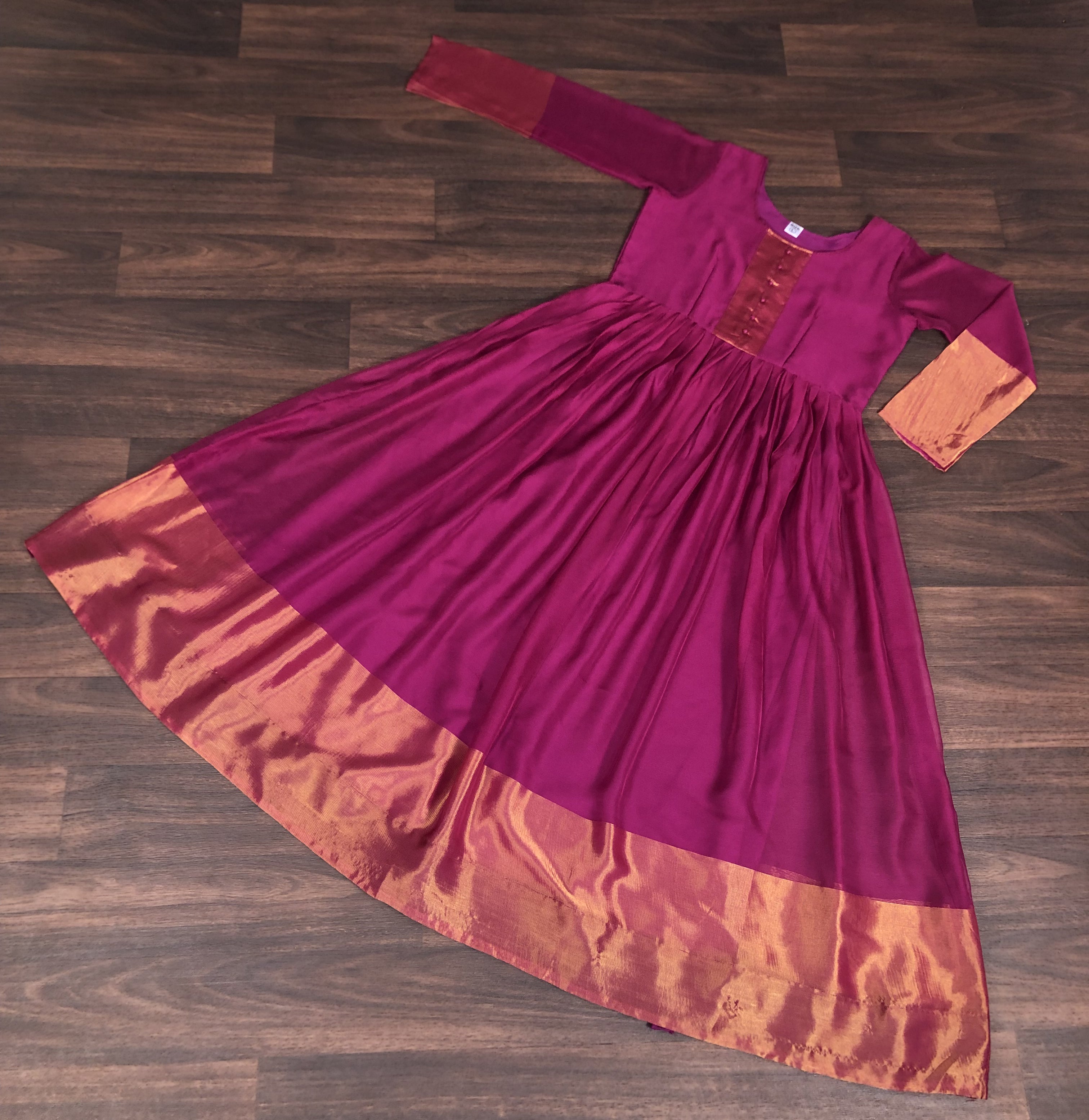 Elegant Chiffon Wine Gown with Golden Zari Patta – Full Sleeves | 4 Colors | Sizes S to XXL