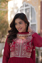 Elegant Faux Georgette Embroidered Gown with Dupatta – Full Flair, Pearl Work