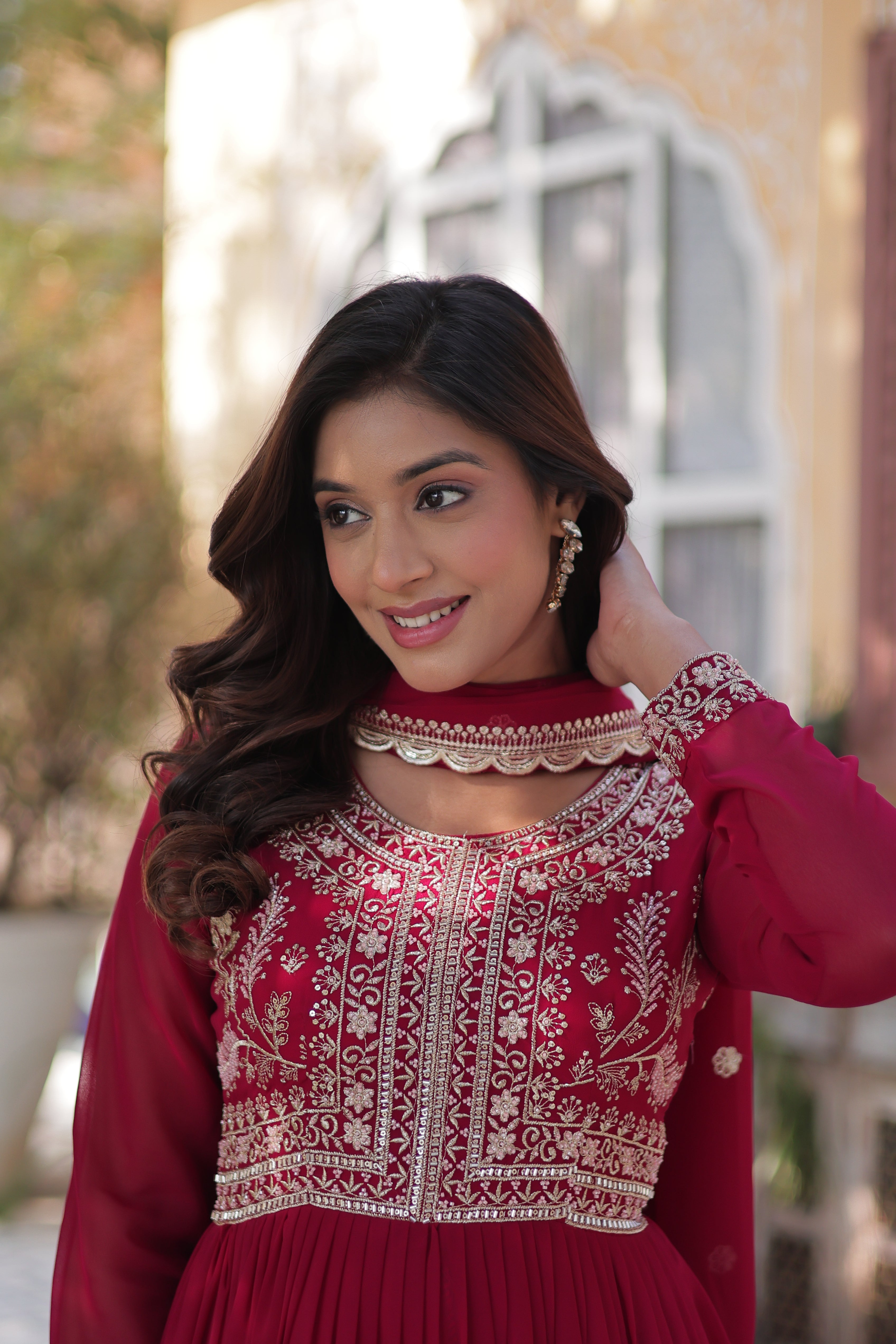 Elegant Faux Georgette Embroidered Gown with Dupatta – Full Flair, Pearl Work