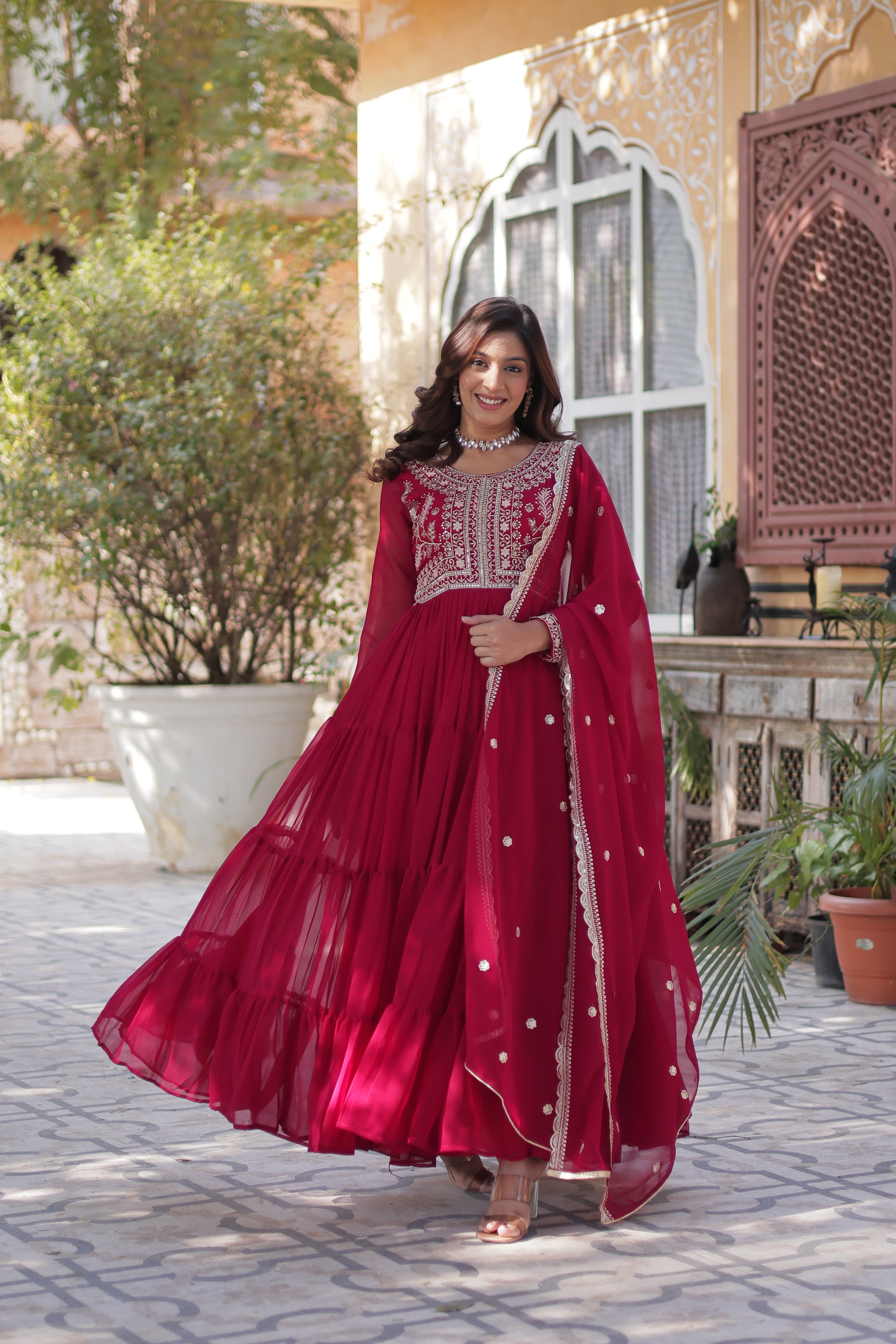 Elegant Faux Georgette Embroidered Gown with Dupatta – Full Flair, Pearl Work