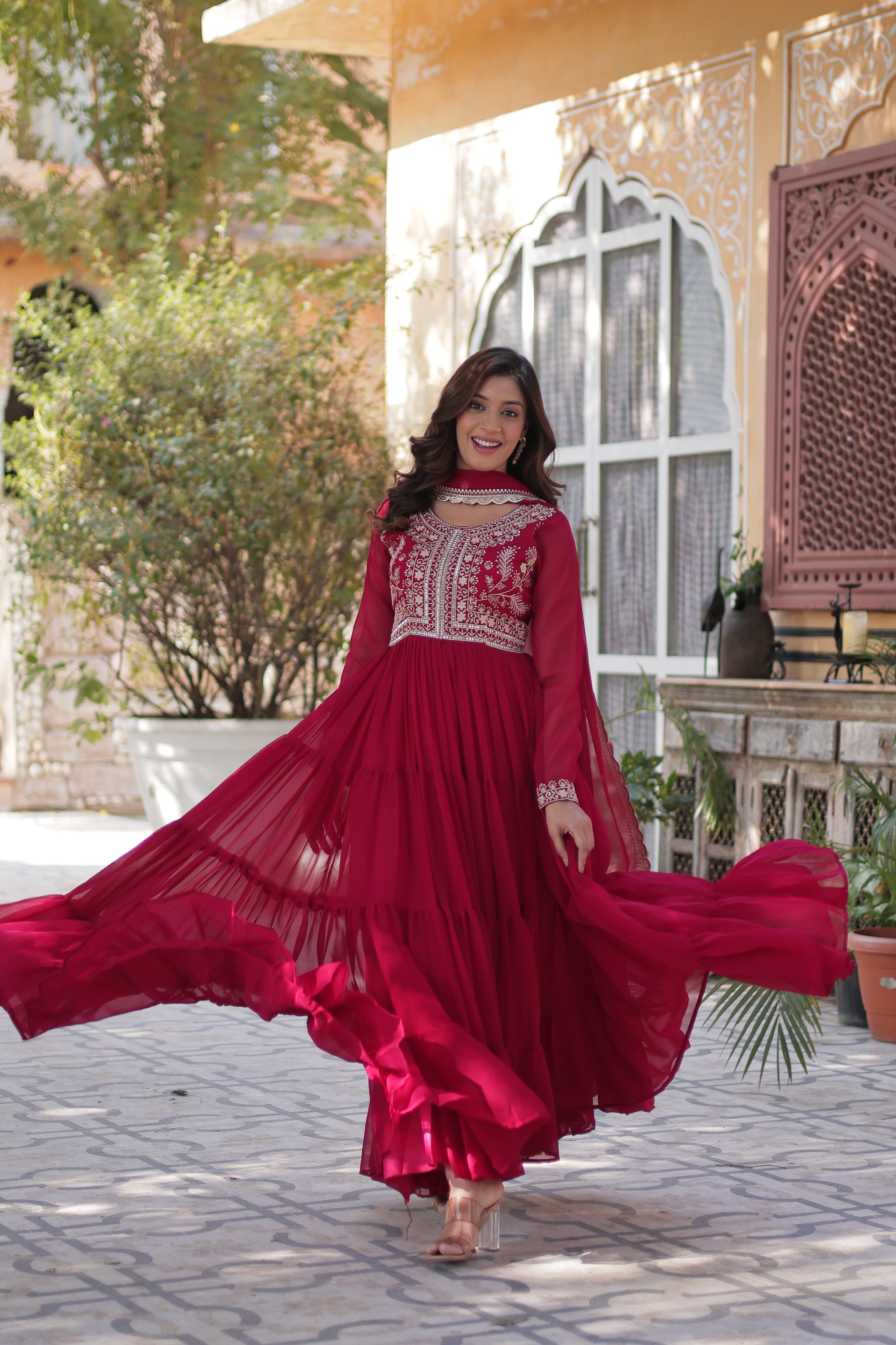 Elegant Faux Georgette Embroidered Gown with Dupatta – Full Flair, Pearl Work
