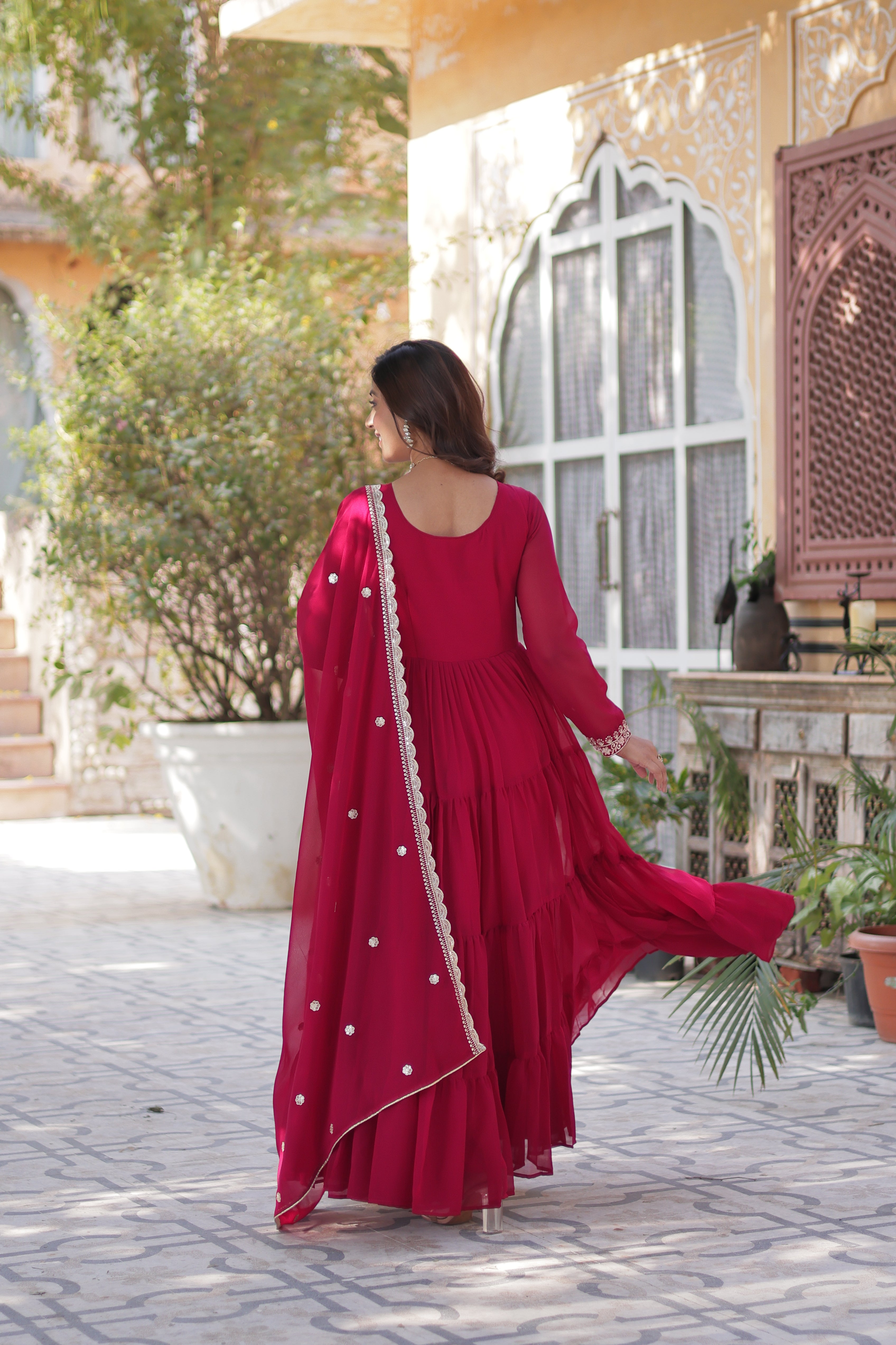 Elegant Faux Georgette Embroidered Gown with Dupatta – Full Flair, Pearl Work