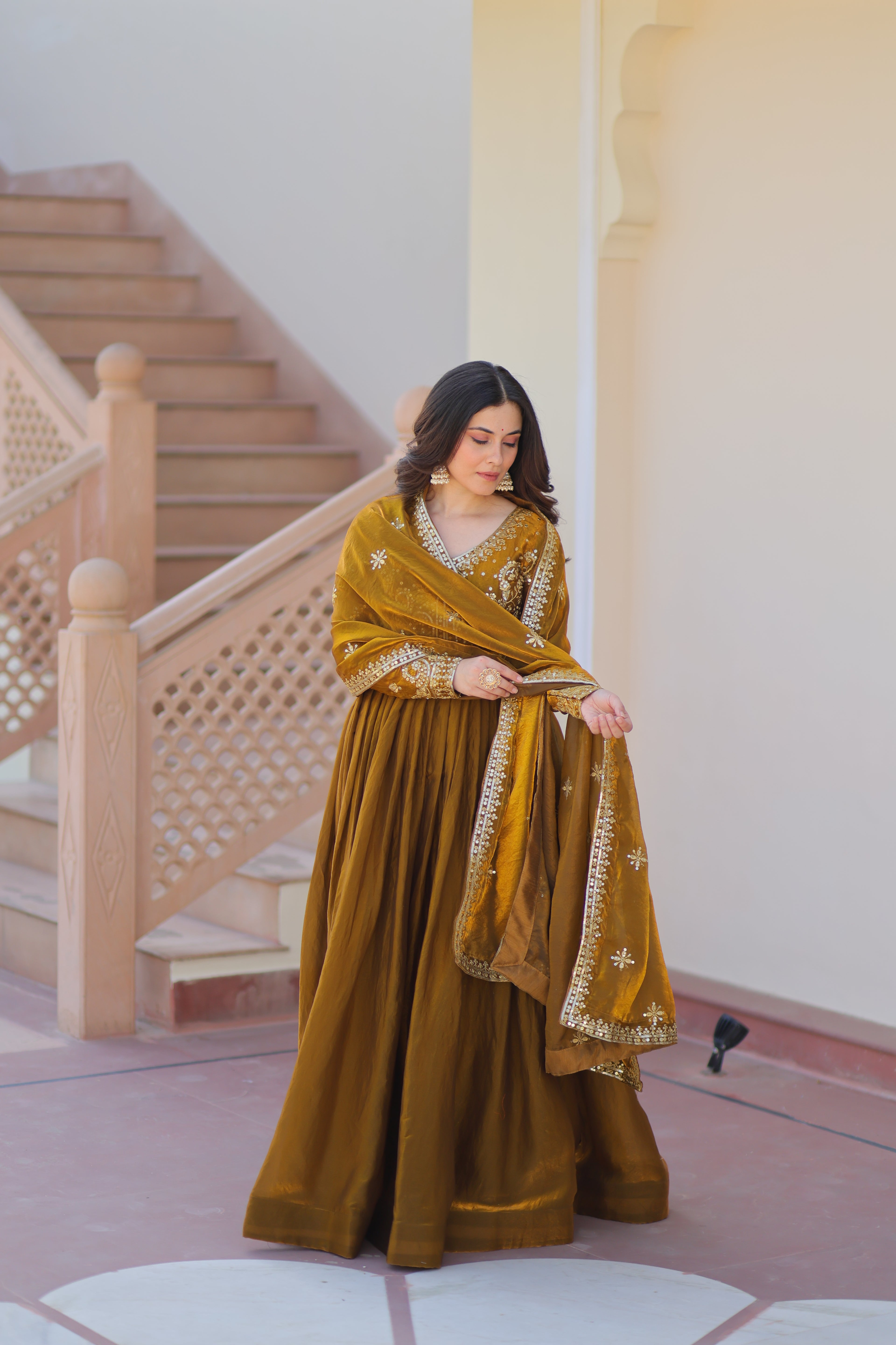 Fendy Fabric Mahendi Gown with Zari & Sequins Embroidery + Dupatta | Fancy V Neck | Full Stitched