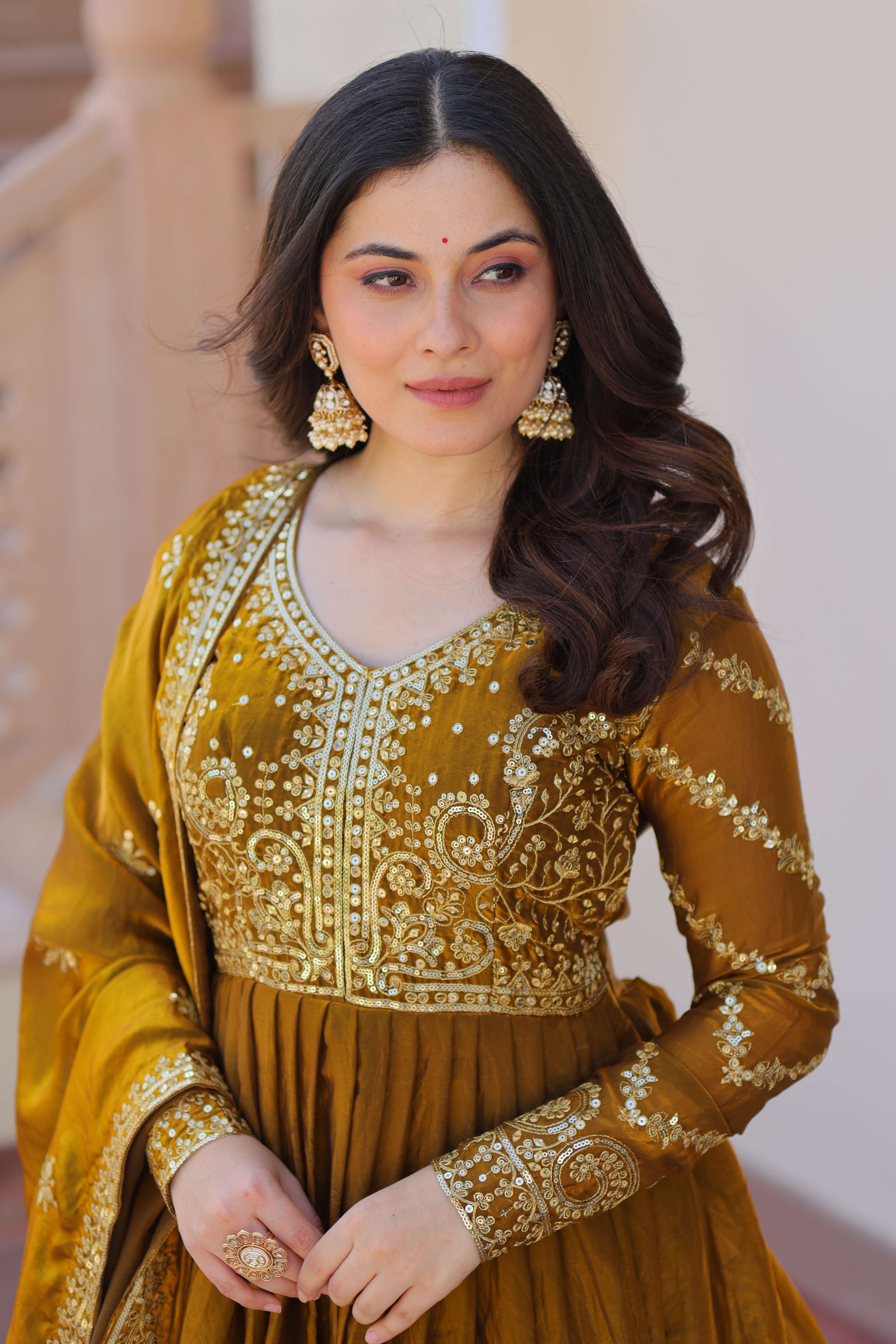 Fendy Fabric Mahendi Gown with Zari & Sequins Embroidery + Dupatta | Fancy V Neck | Full Stitched
