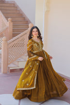 Fendy Fabric Mahendi Gown with Zari & Sequins Embroidery + Dupatta | Fancy V Neck | Full Stitched
