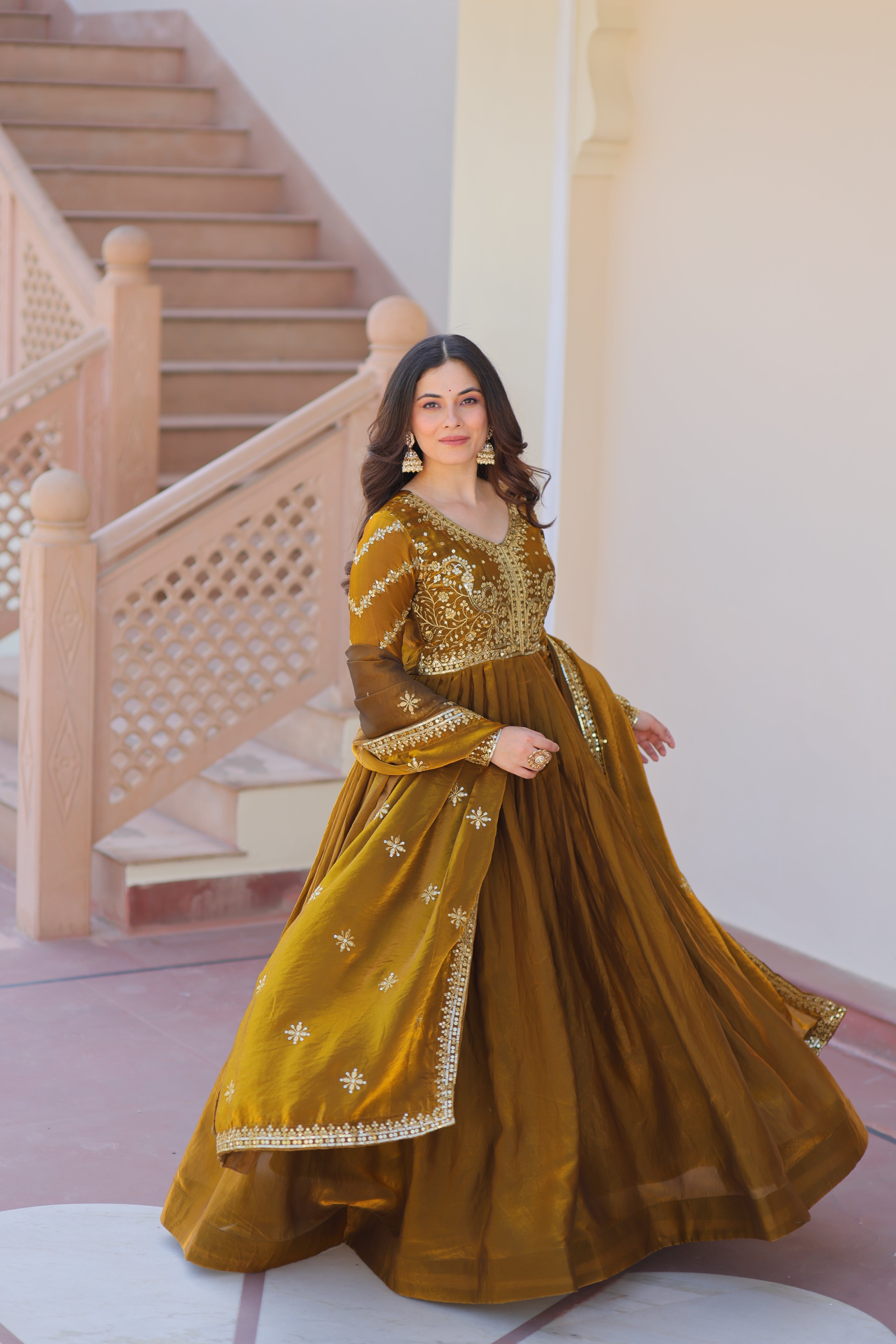 Fendy Fabric Mahendi Gown with Zari & Sequins Embroidery + Dupatta | Fancy V Neck | Full Stitched