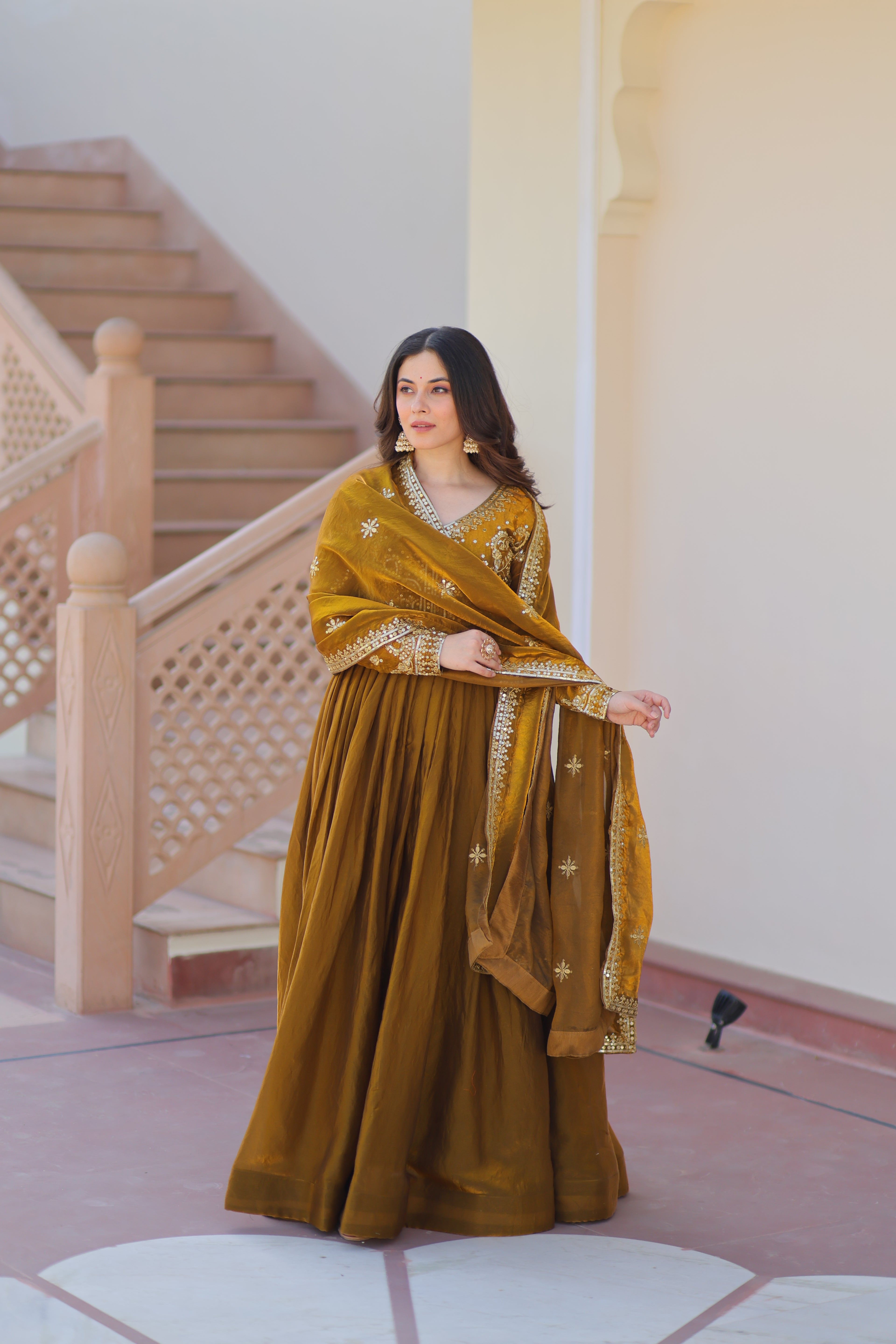 Fendy Fabric Mahendi Gown with Zari & Sequins Embroidery + Dupatta | Fancy V Neck | Full Stitched