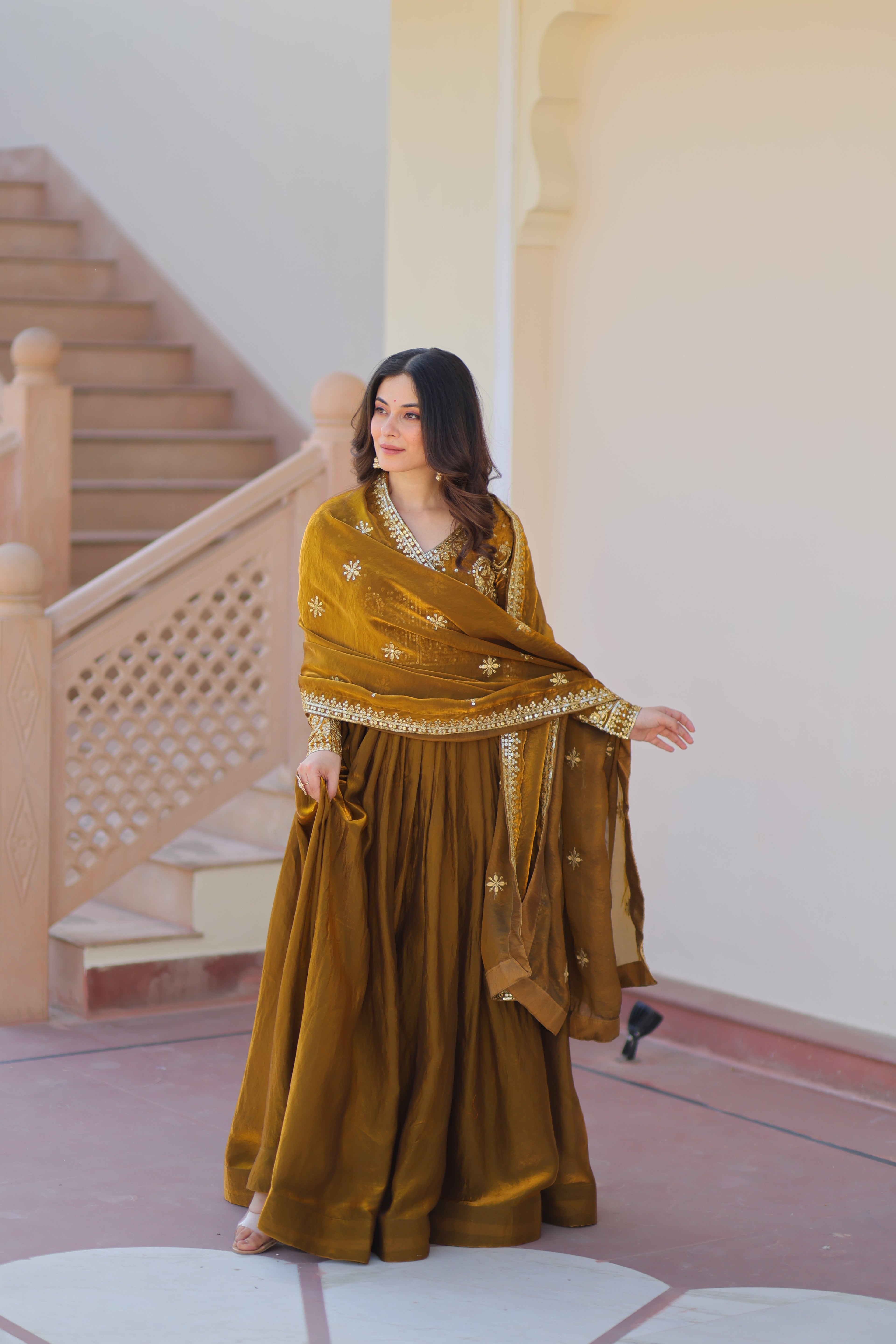 Fendy Fabric Mahendi Gown with Zari & Sequins Embroidery + Dupatta | Fancy V Neck | Full Stitched