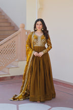 Fendy Fabric Mahendi Gown with Zari & Sequins Embroidery + Dupatta | Fancy V Neck | Full Stitched