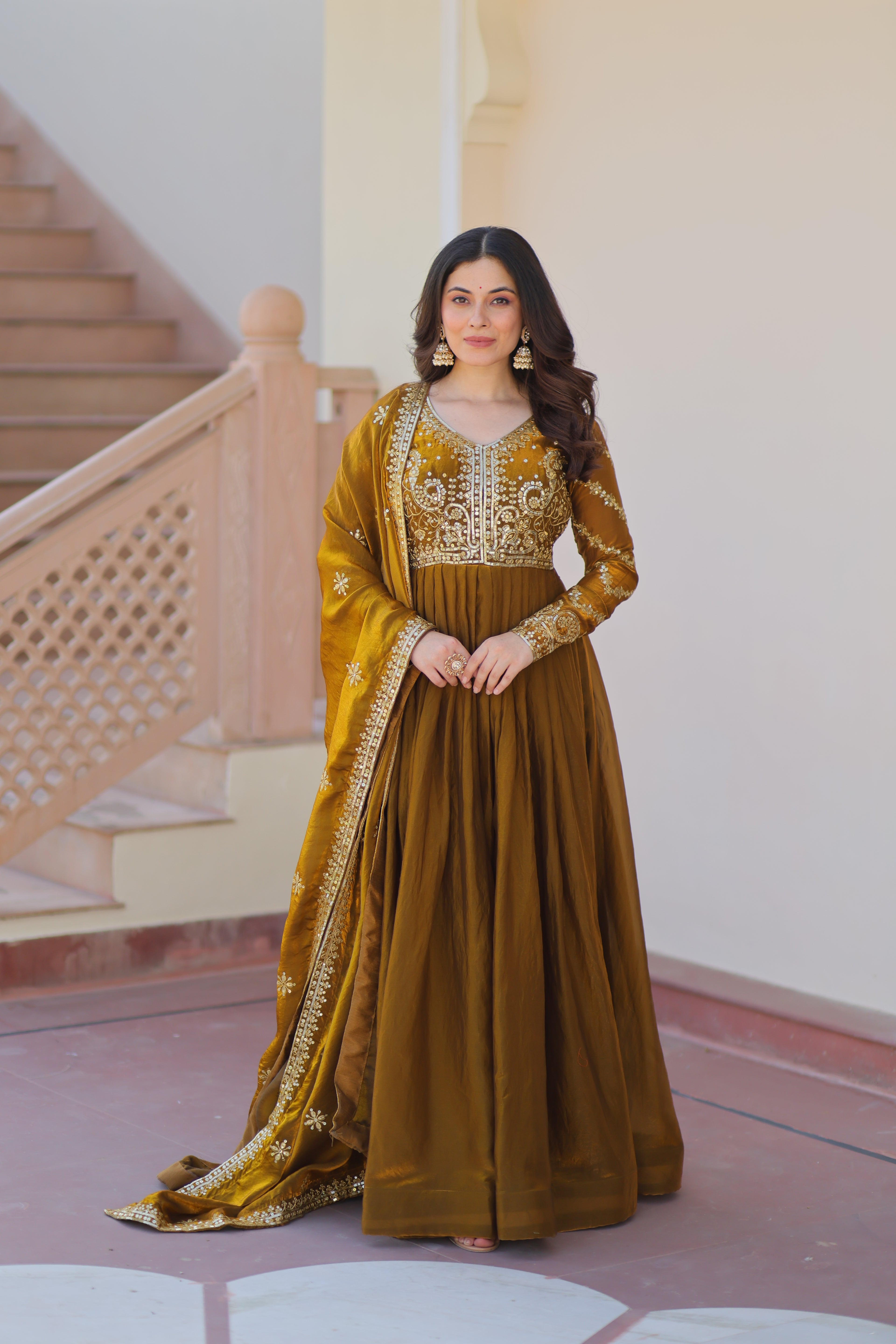 Fendy Fabric Mahendi Gown with Zari & Sequins Embroidery + Dupatta | Fancy V Neck | Full Stitched