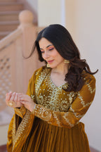 Fendy Fabric Mahendi Gown with Zari & Sequins Embroidery + Dupatta | Fancy V Neck | Full Stitched