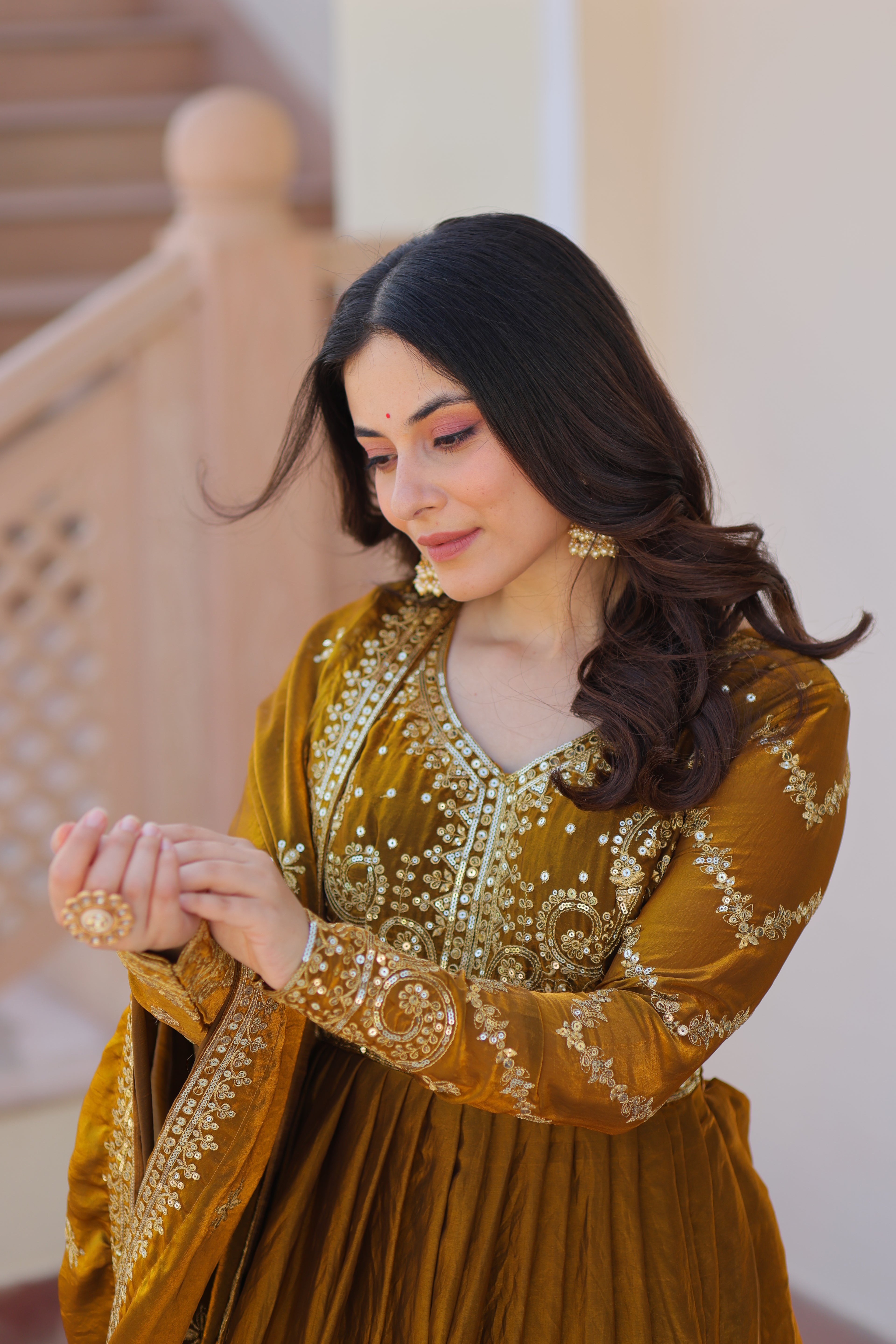 Fendy Fabric Mahendi Gown with Zari & Sequins Embroidery + Dupatta | Fancy V Neck | Full Stitched
