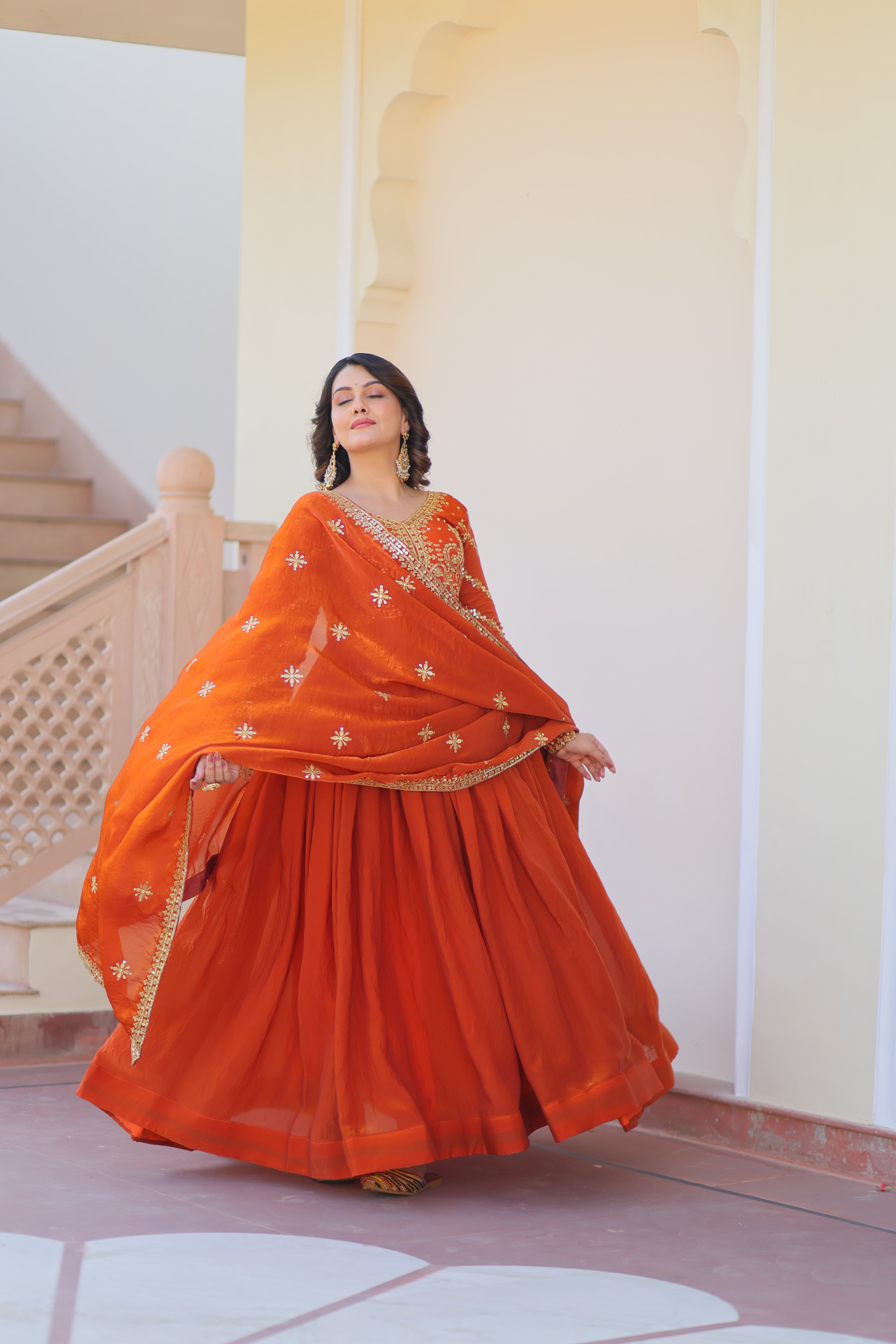 Fendy Fabric Orange Gown with Zari & Sequins Embroidery + Dupatta | Fancy V Neck | Full Stitched