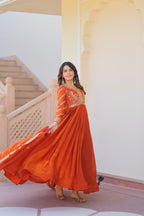 Fendy Fabric Orange Gown with Zari & Sequins Embroidery + Dupatta | Fancy V Neck | Full Stitched