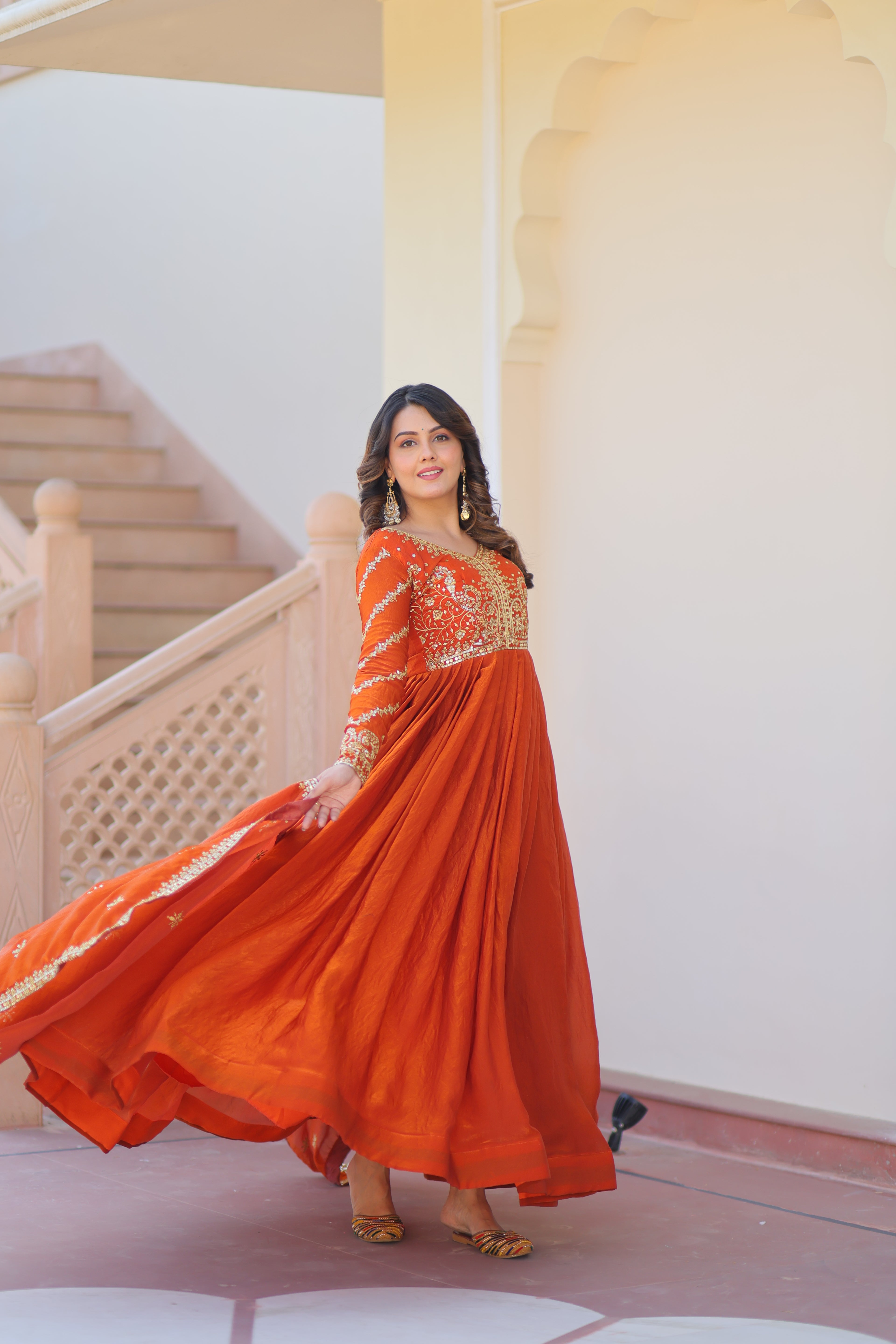 Fendy Fabric Orange Gown with Zari & Sequins Embroidery + Dupatta | Fancy V Neck | Full Stitched