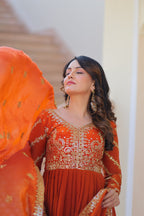 Fendy Fabric Orange Gown with Zari & Sequins Embroidery + Dupatta | Fancy V Neck | Full Stitched