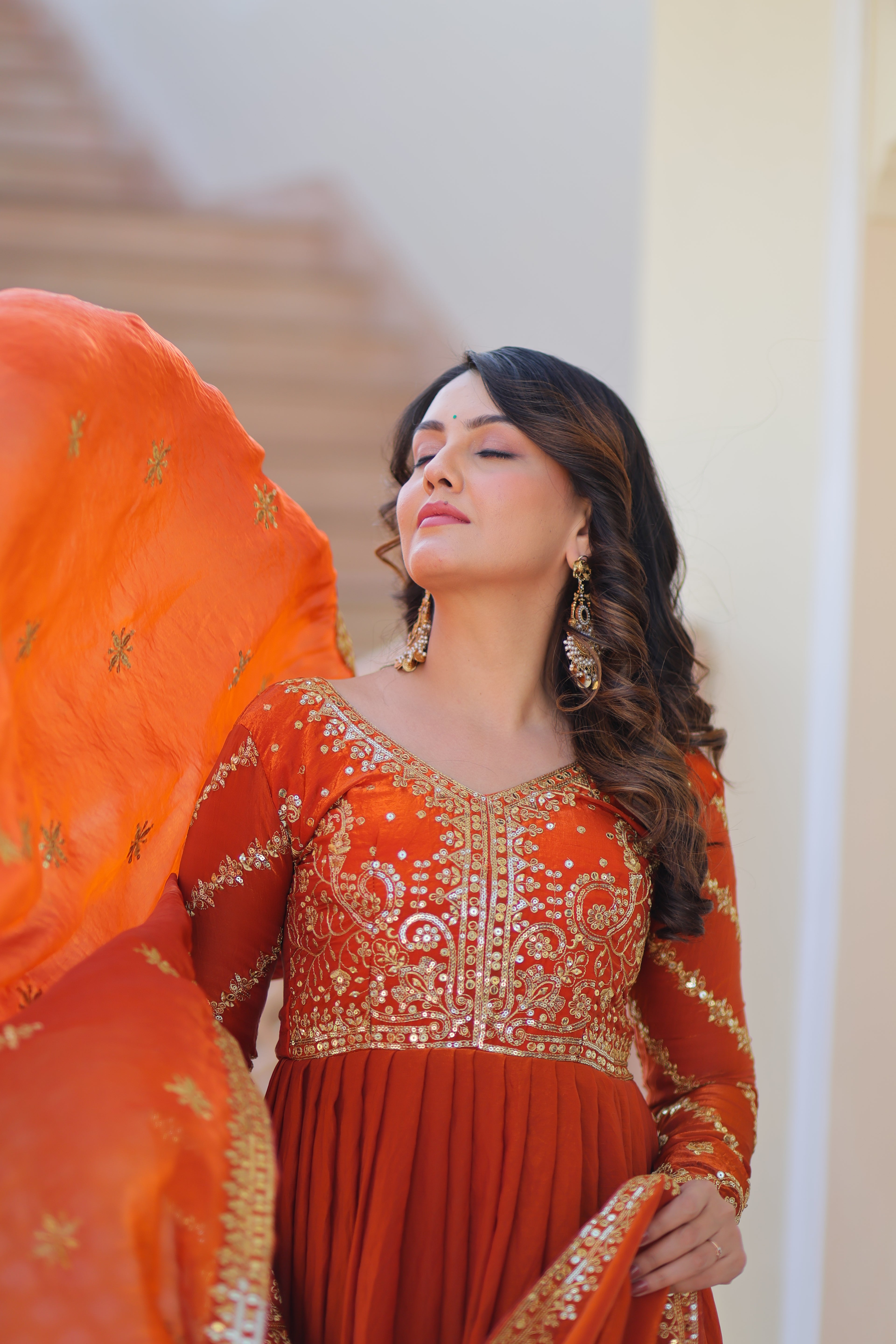 Fendy Fabric Orange Gown with Zari & Sequins Embroidery + Dupatta | Fancy V Neck | Full Stitched