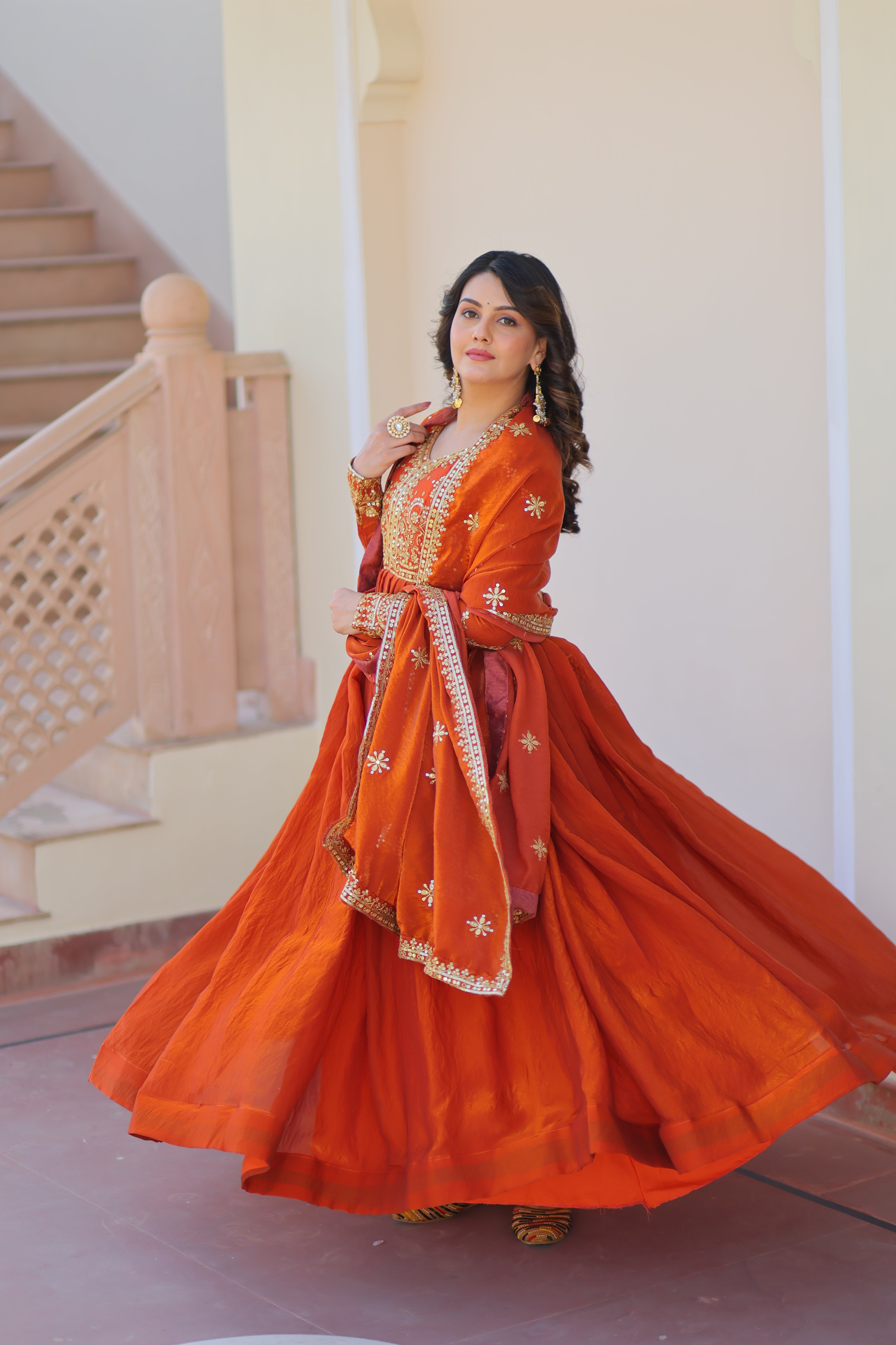Fendy Fabric Orange Gown with Zari & Sequins Embroidery + Dupatta | Fancy V Neck | Full Stitched