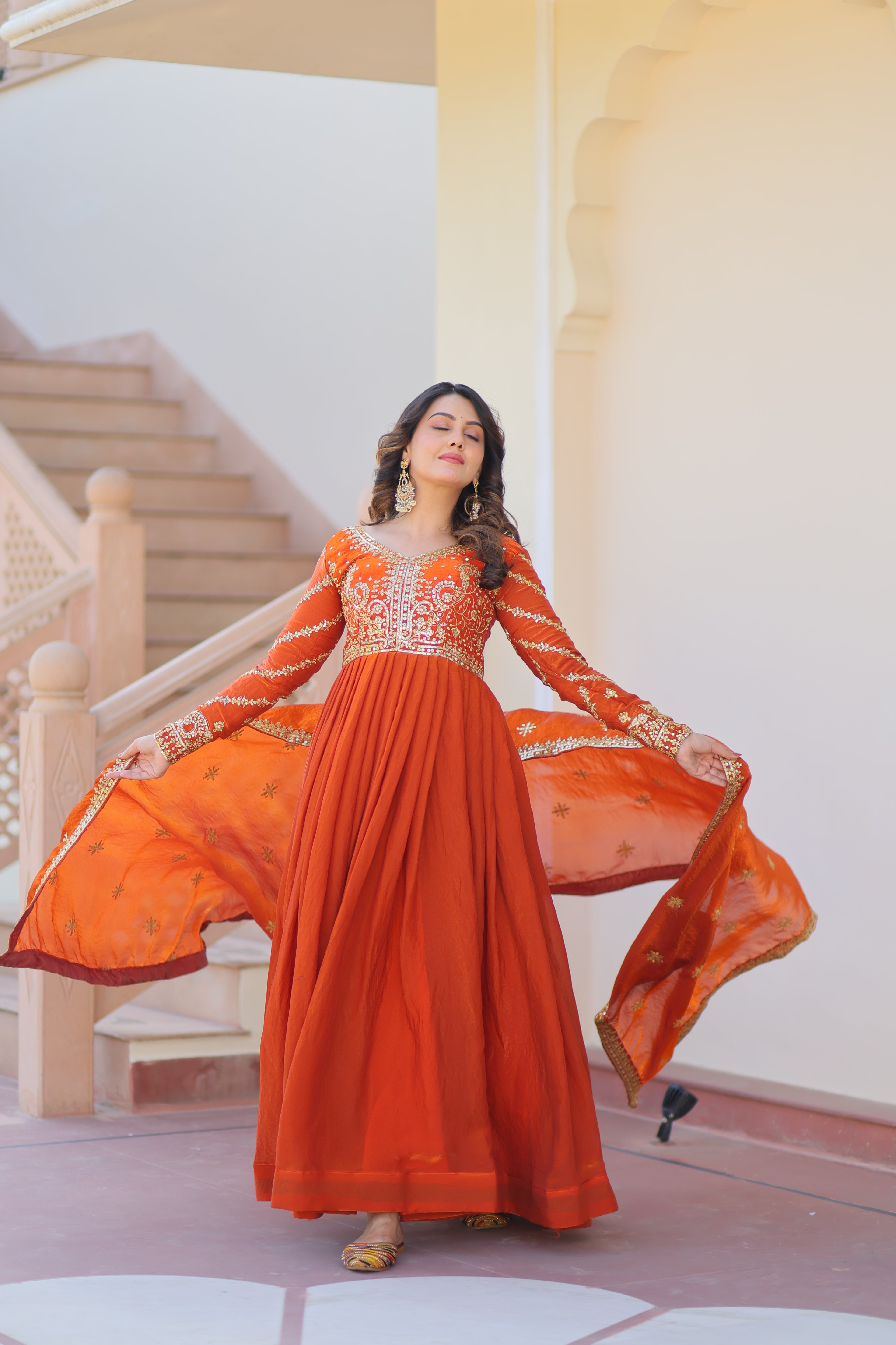 Fendy Fabric Orange Gown with Zari & Sequins Embroidery + Dupatta | Fancy V Neck | Full Stitched