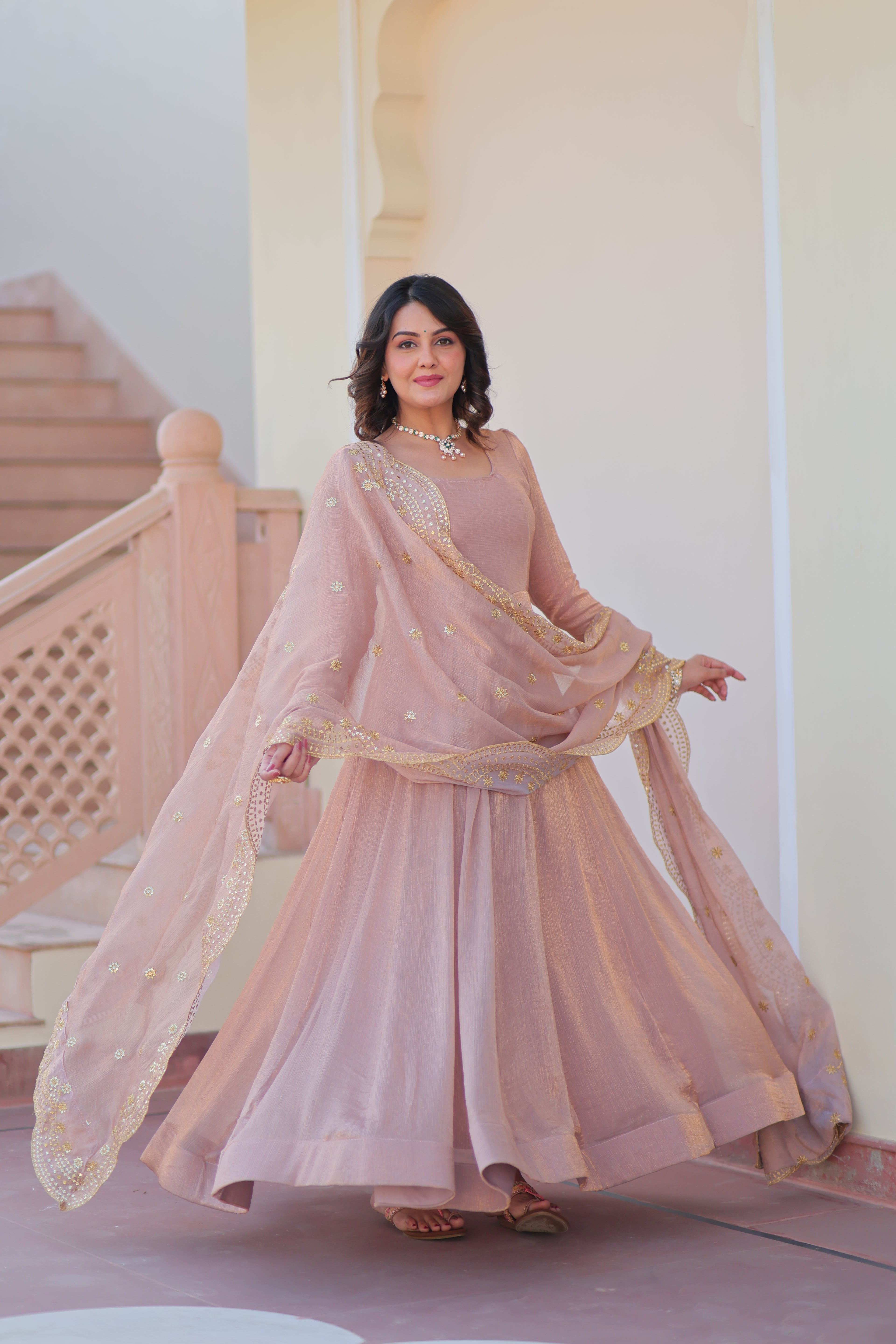 Fendy Chiffon 12-Kali Chiku Gown with Embroidered Cut-Work Dupatta | Fancy Neck | Full Stitched