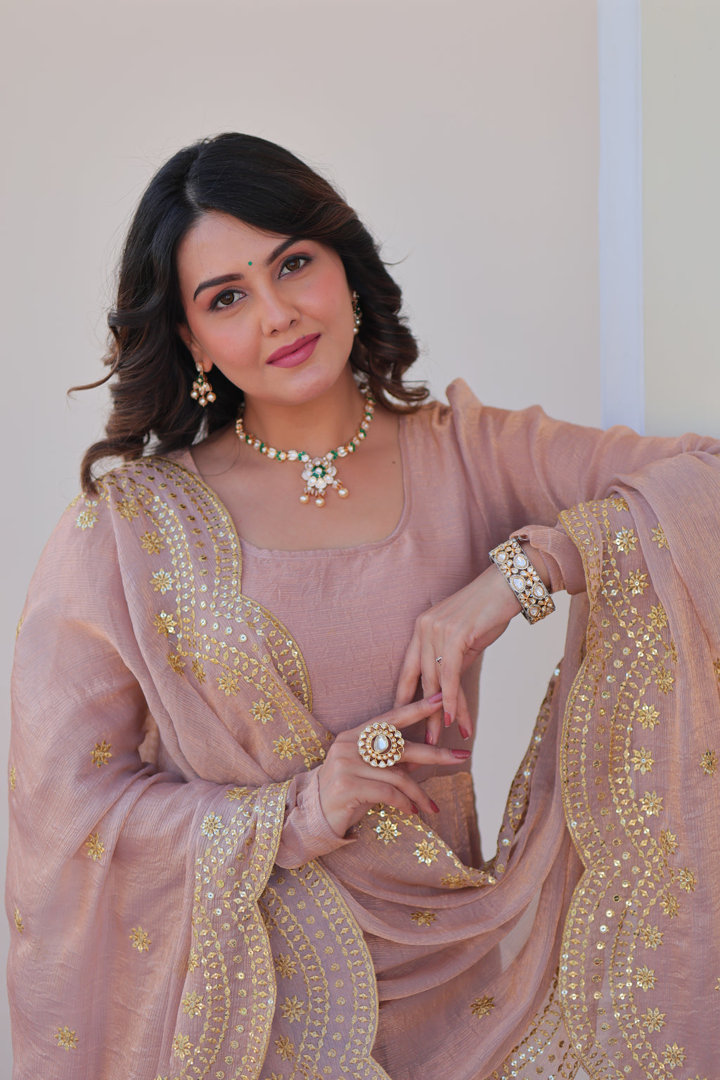 Fendy Chiffon 12-Kali Chiku Gown with Embroidered Cut-Work Dupatta | Fancy Neck | Full Stitched