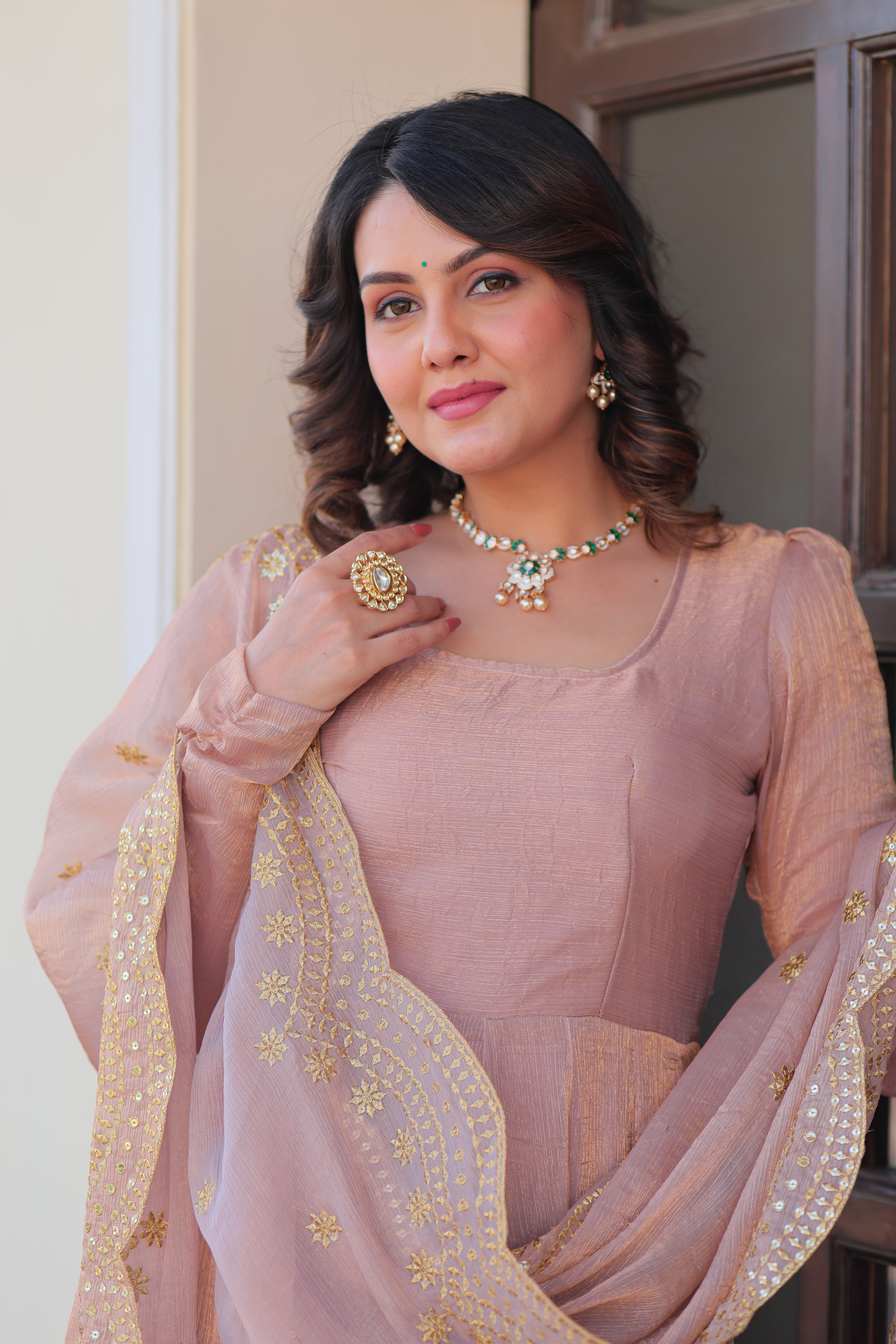 Fendy Chiffon 12-Kali Chiku Gown with Embroidered Cut-Work Dupatta | Fancy Neck | Full Stitched