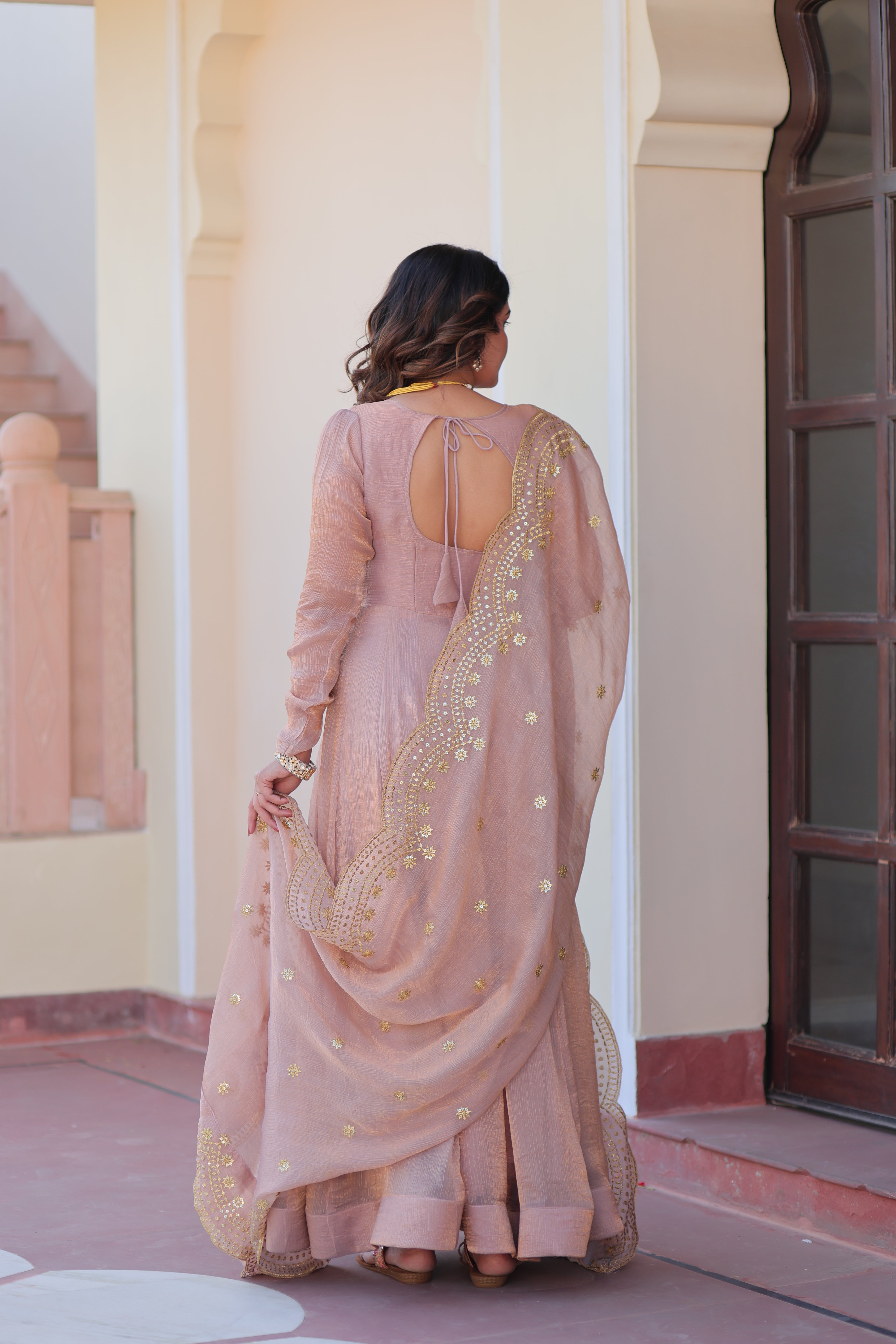 Fendy Chiffon 12-Kali Chiku Gown with Embroidered Cut-Work Dupatta | Fancy Neck | Full Stitched