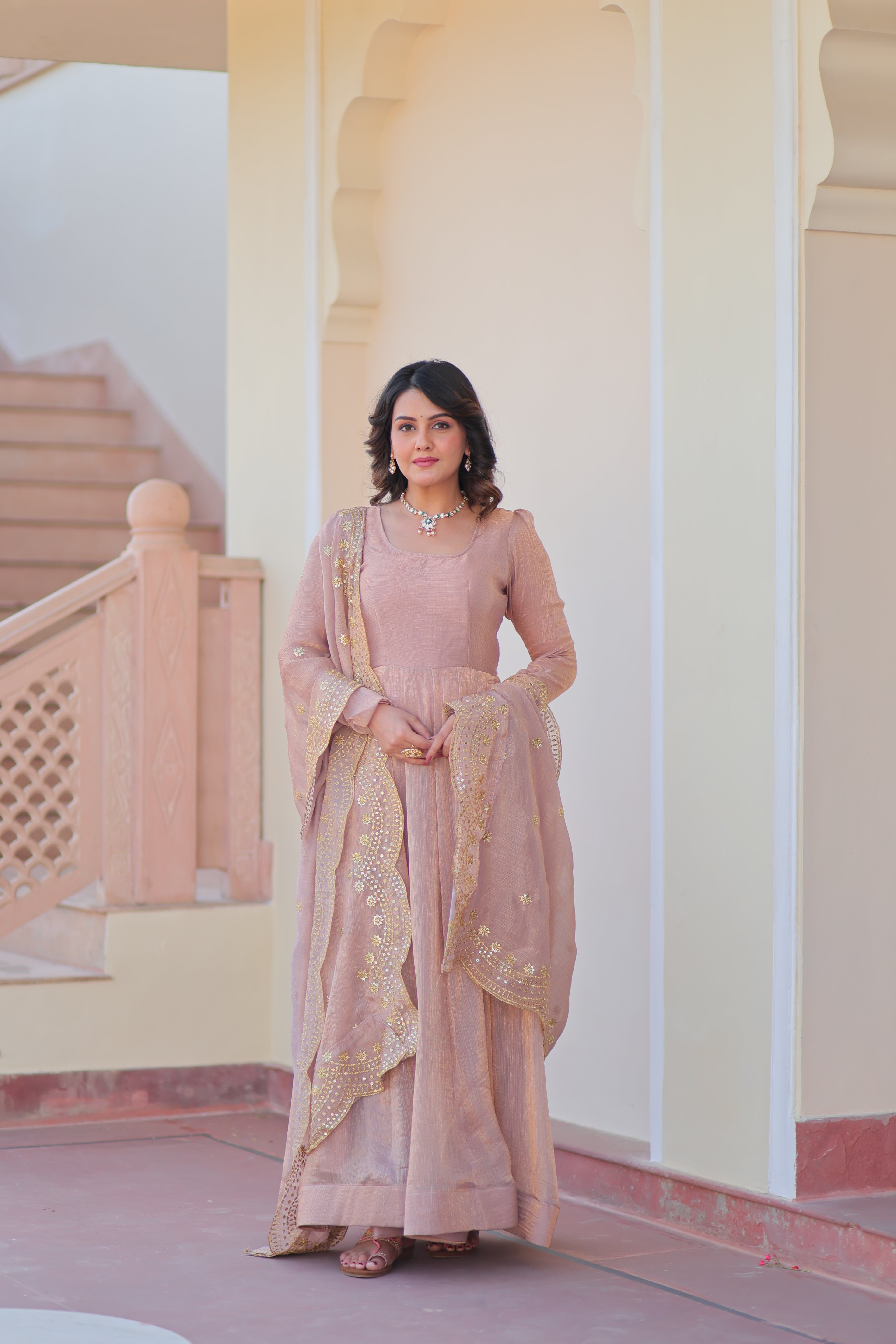 Fendy Chiffon 12-Kali Chiku Gown with Embroidered Cut-Work Dupatta | Fancy Neck | Full Stitched