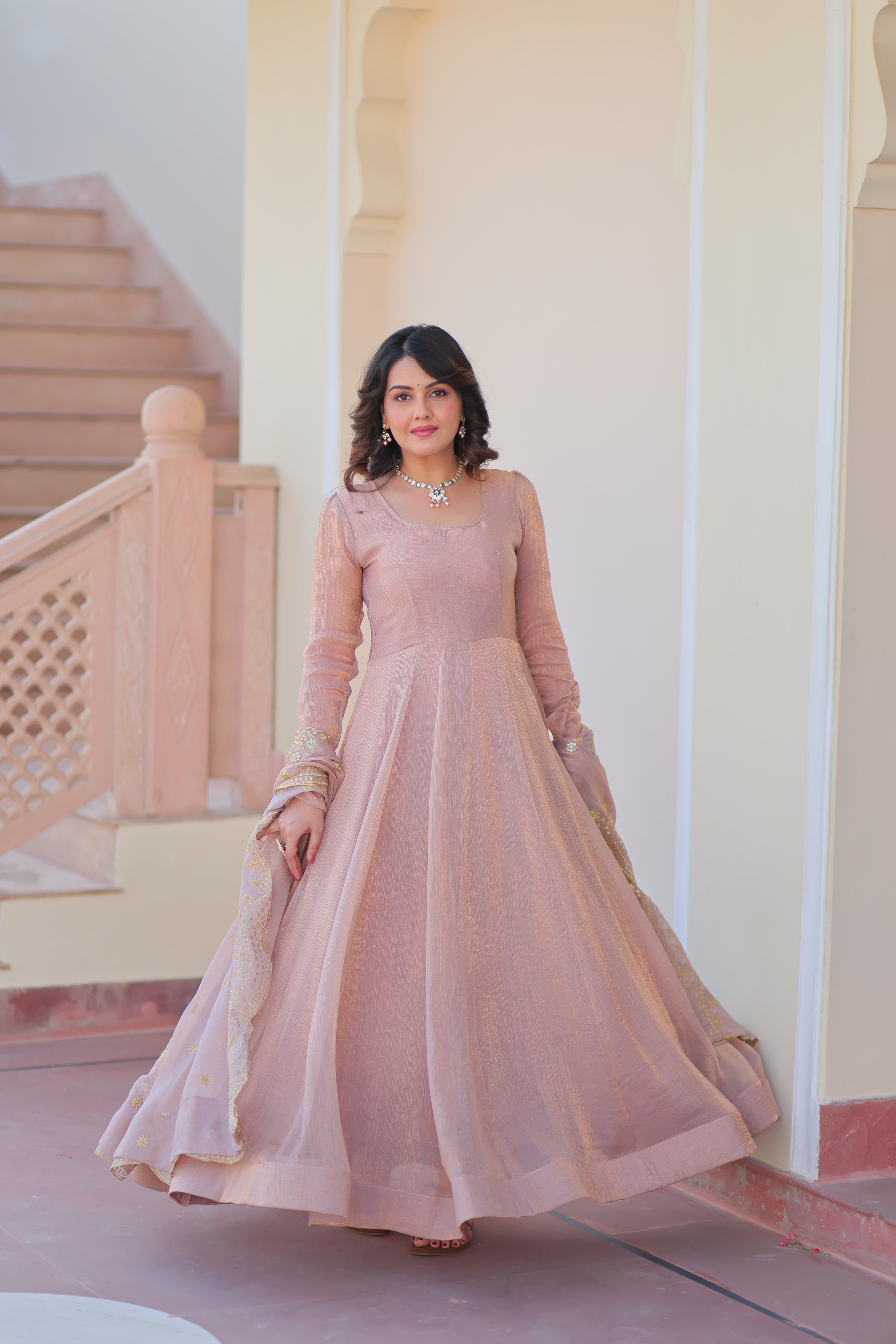 Fendy Chiffon 12-Kali Chiku Gown with Embroidered Cut-Work Dupatta | Fancy Neck | Full Stitched