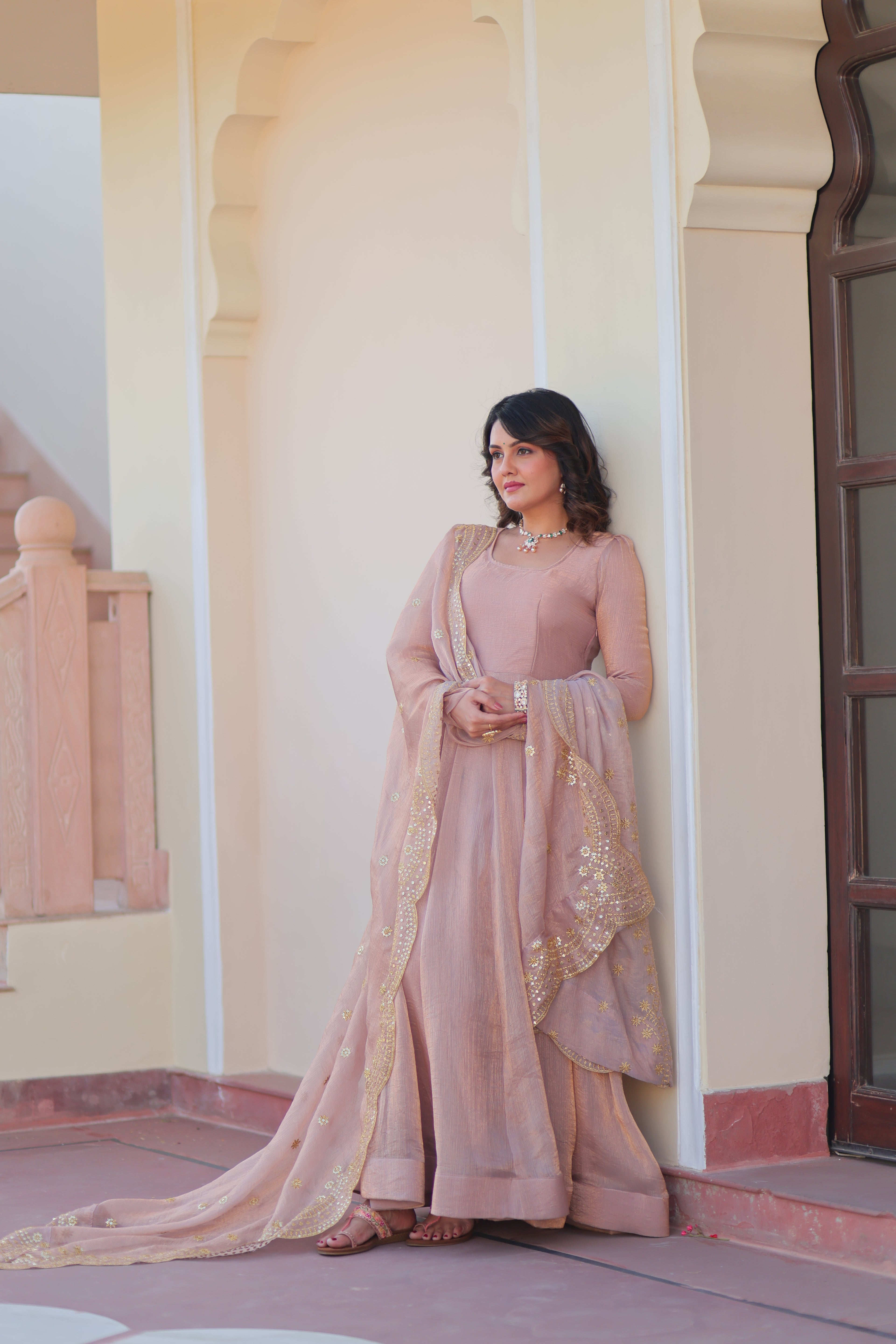 Fendy Chiffon 12-Kali Chiku Gown with Embroidered Cut-Work Dupatta | Fancy Neck | Full Stitched