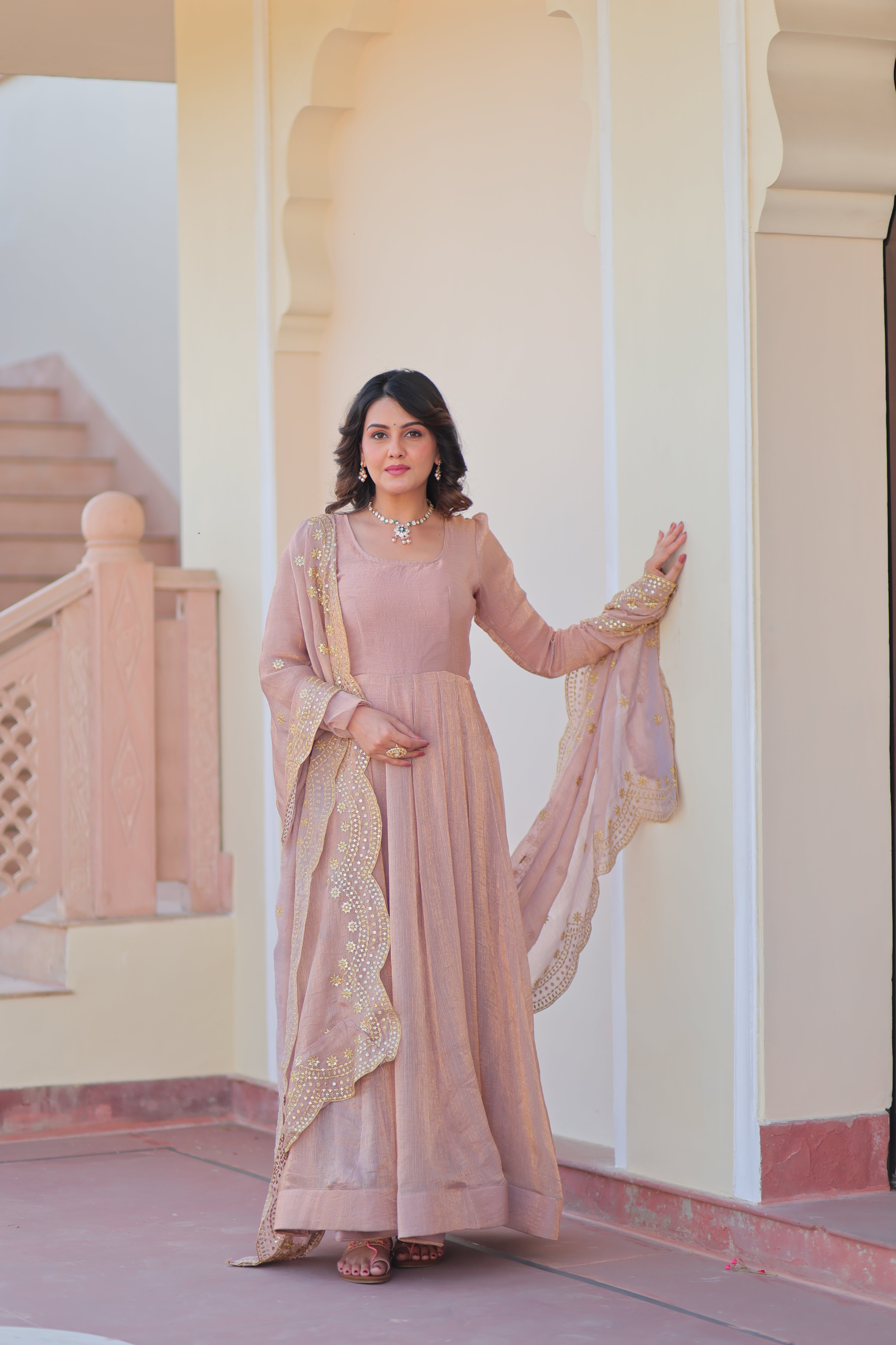 Fendy Chiffon 12-Kali Chiku Gown with Embroidered Cut-Work Dupatta | Fancy Neck | Full Stitched